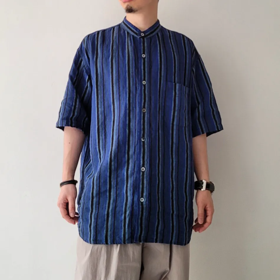 Baggy Fit Band Collar Short Sleeve Shirt
