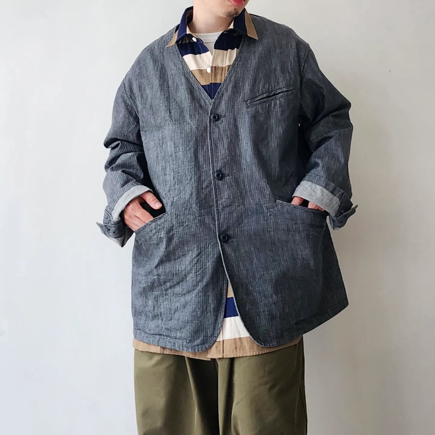 10.5oz. Cotton Herringbone Denim Cloth 3 Inside Pocket Collarless Jacket