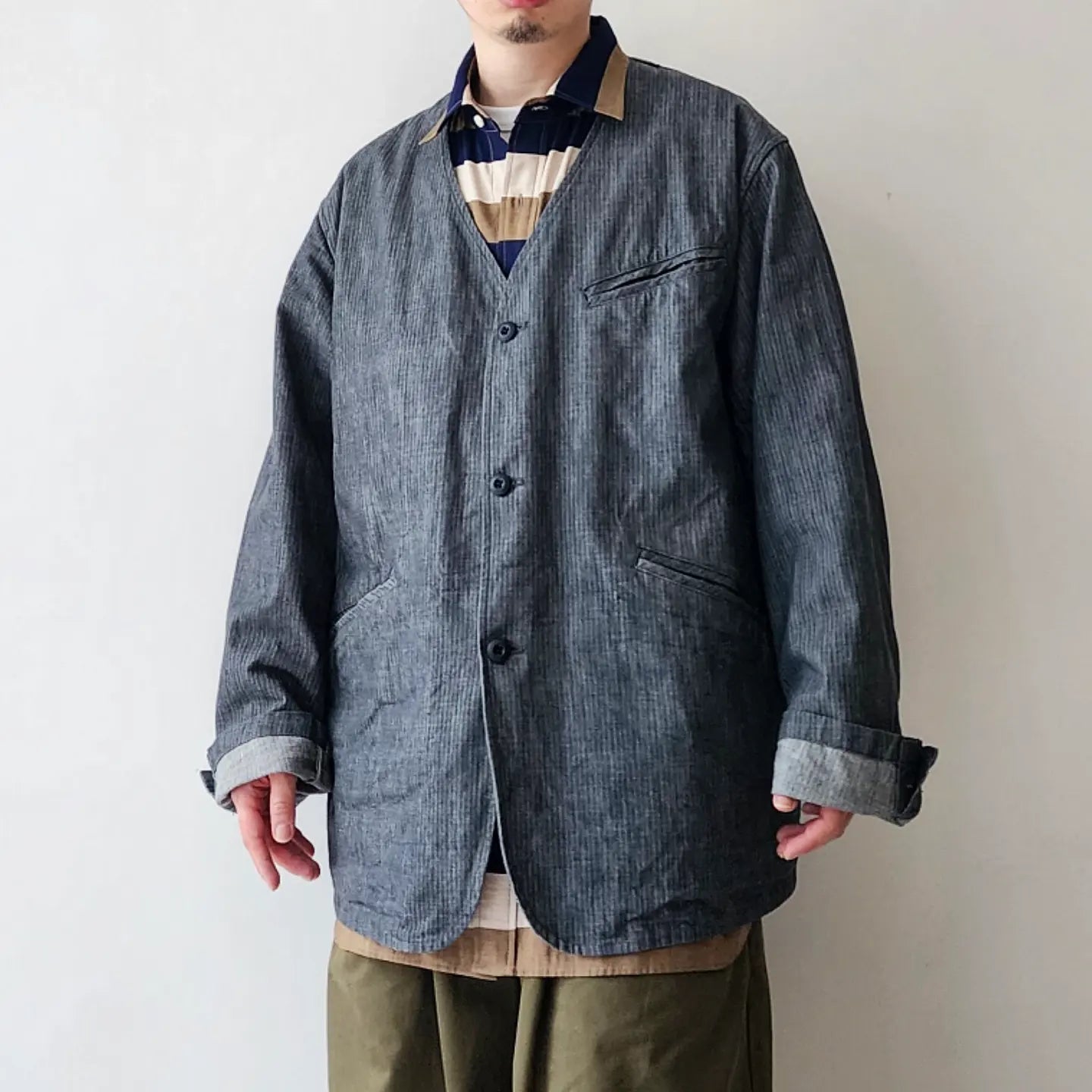 10.5oz. Cotton Herringbone Denim Cloth 3 Inside Pocket Collarless Jacket