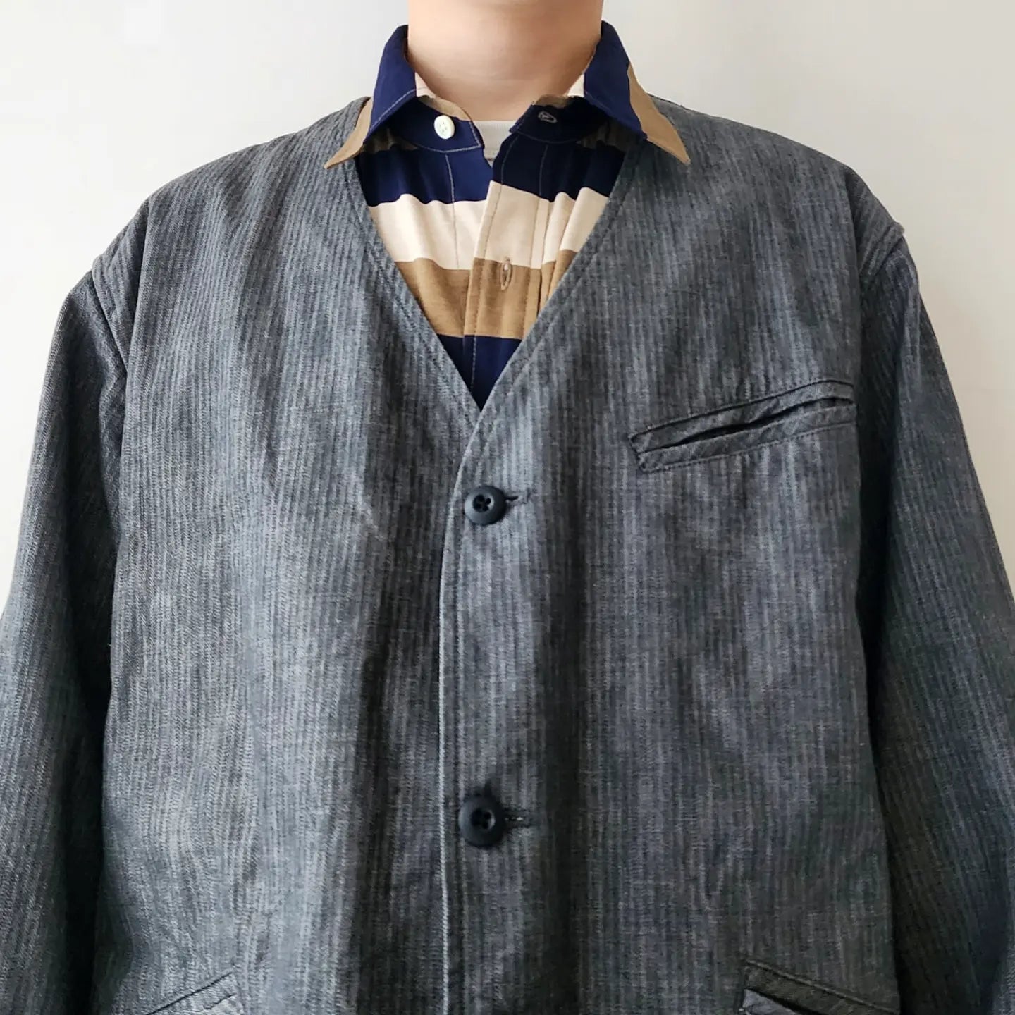 10.5oz. Cotton Herringbone Denim Cloth 3 Inside Pocket Collarless Jacket