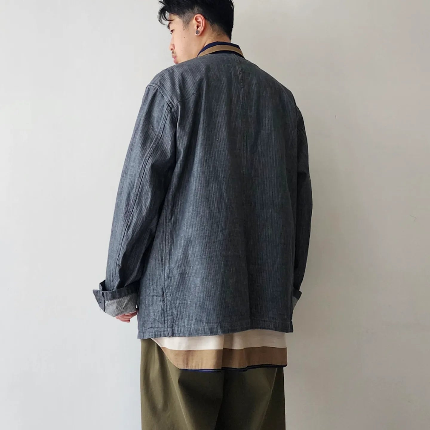 10.5oz. Cotton Herringbone Denim Cloth 3 Inside Pocket Collarless Jacket