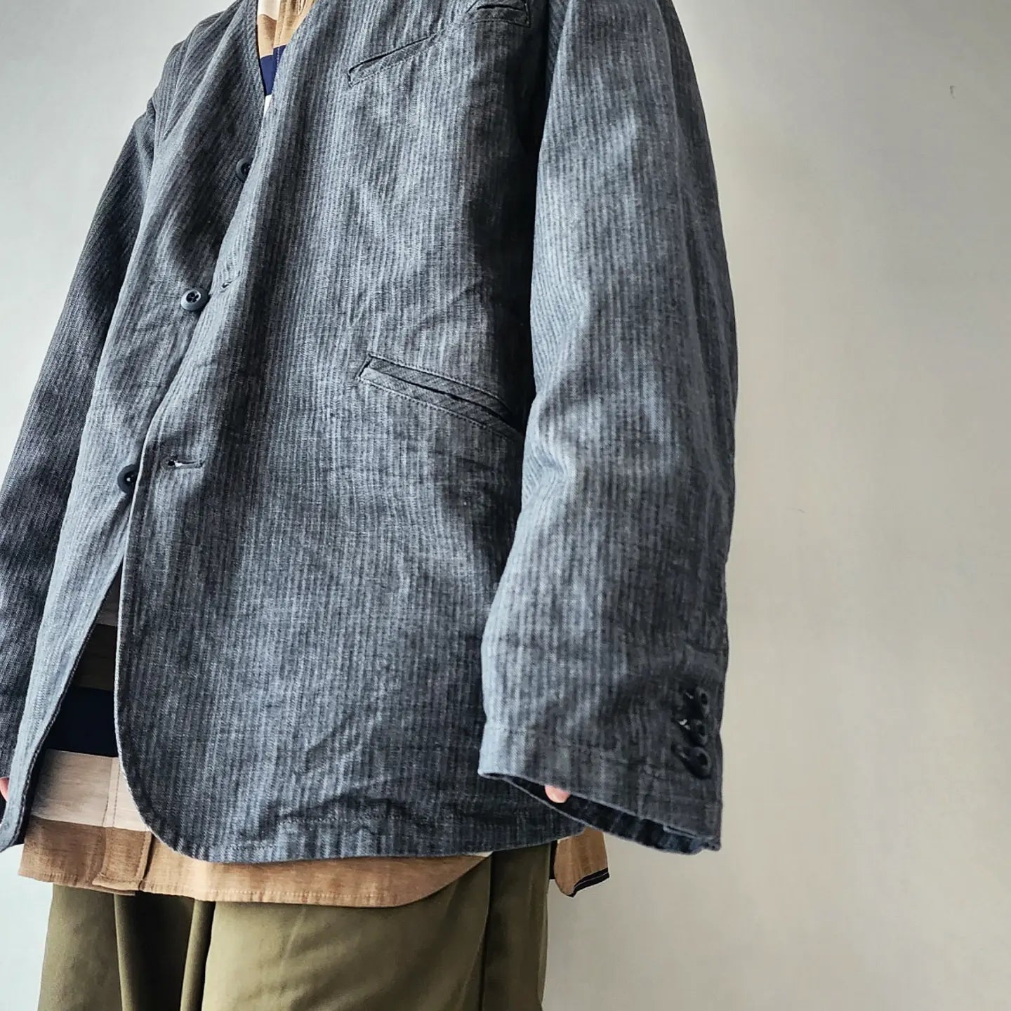 10.5oz. Cotton Herringbone Denim Cloth 3 Inside Pocket Collarless Jacket