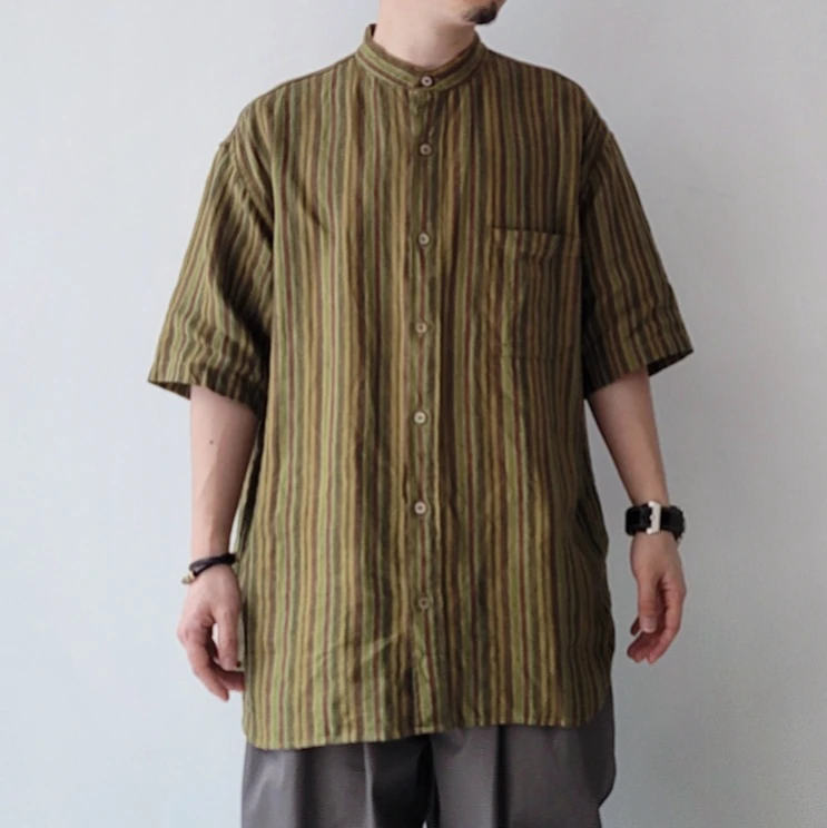 Baggy Fit Band Collar Short Sleeve Shirt