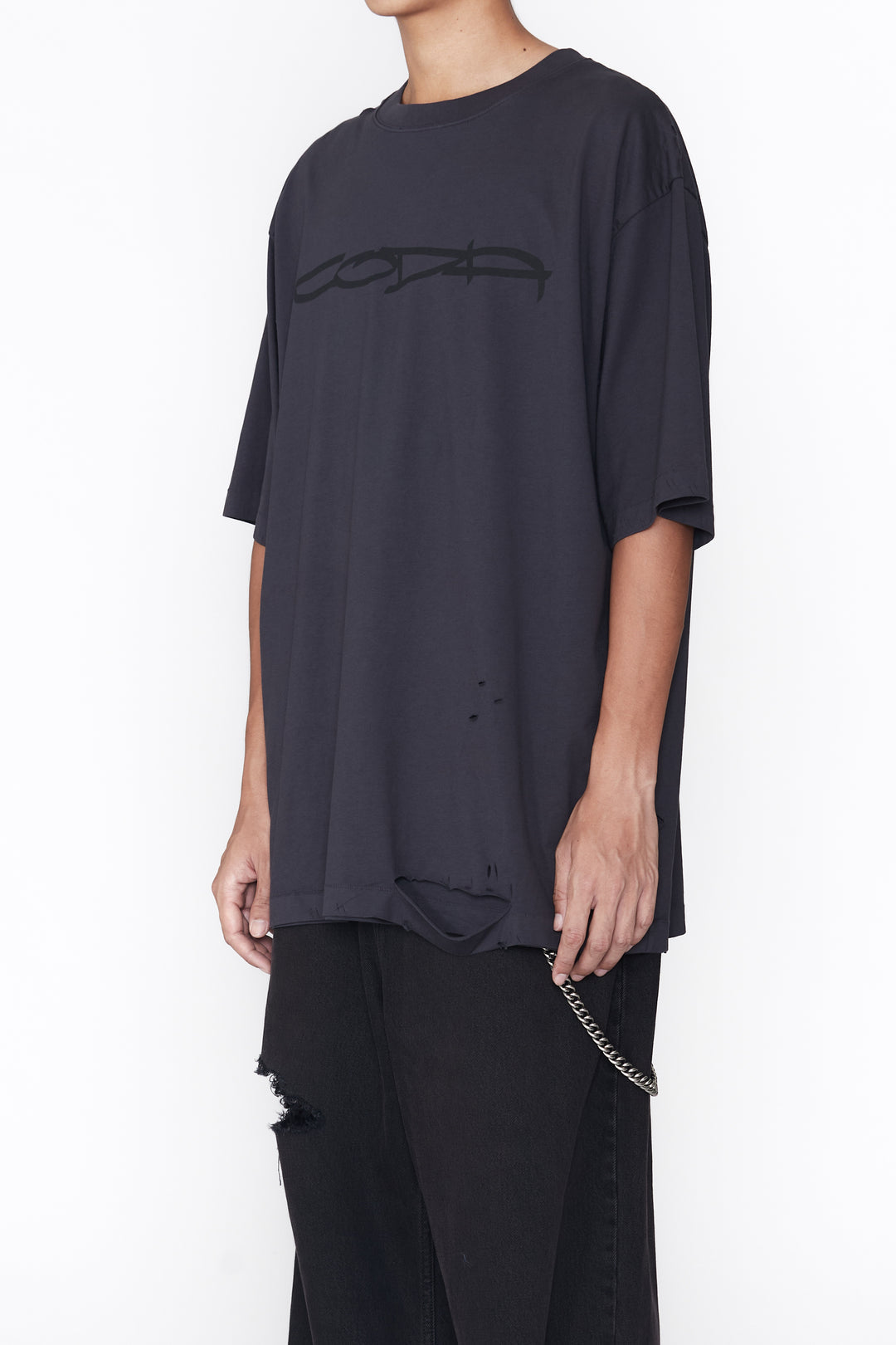 CODA / Blue Black Aging Graffiti Printed Destroyed Short Sleeve T-Shirt