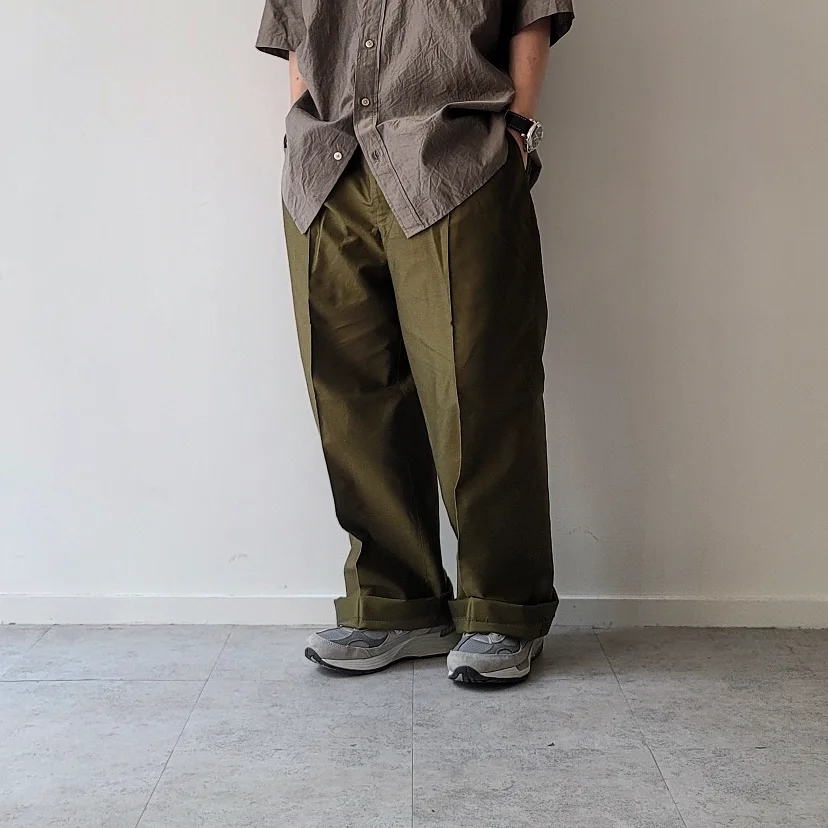 Loosely Twist Moleskin 1-Tuck Baggy Slacks