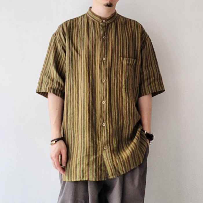Baggy Fit Band Collar Short Sleeve Shirt