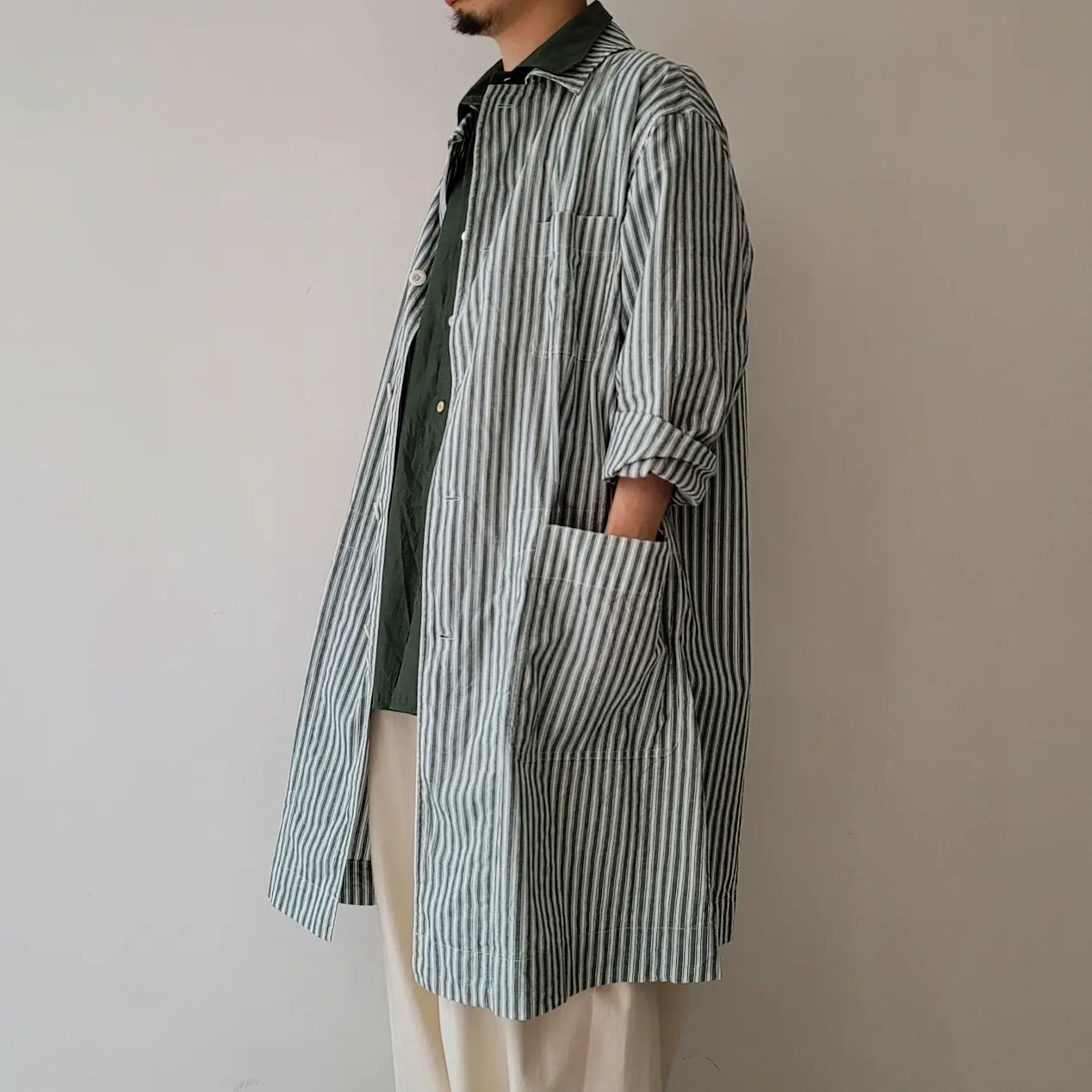 Alternate Stripe Cotton Linen Cloth Shirt Coat