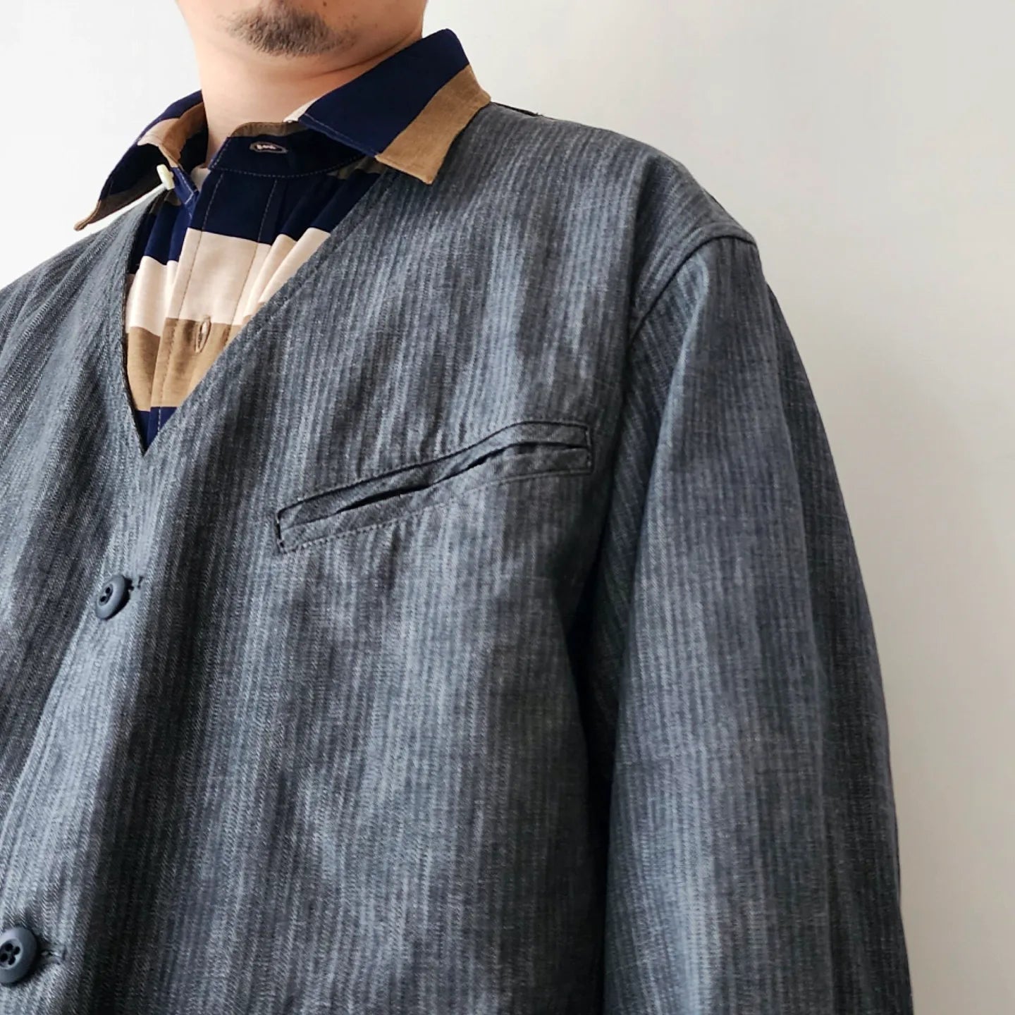 10.5oz. Cotton Herringbone Denim Cloth 3 Inside Pocket Collarless Jacket