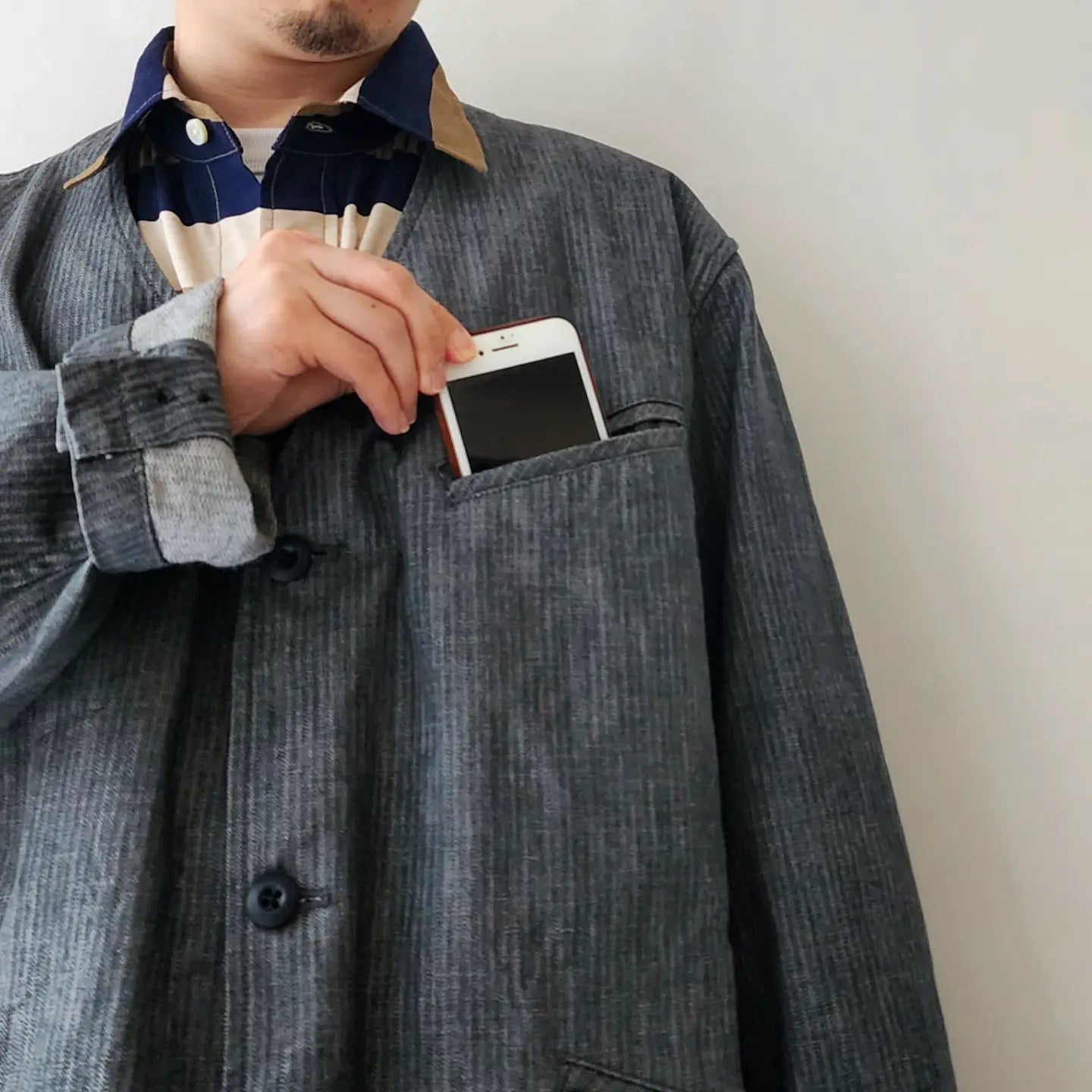 10.5oz. Cotton Herringbone Denim Cloth 3 Inside Pocket Collarless Jacket
