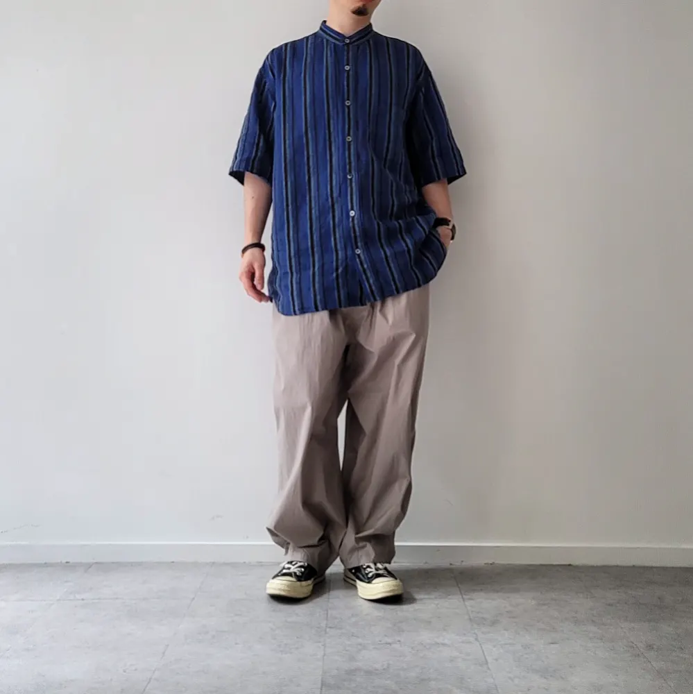 Baggy Fit Band Collar Short Sleeve Shirt