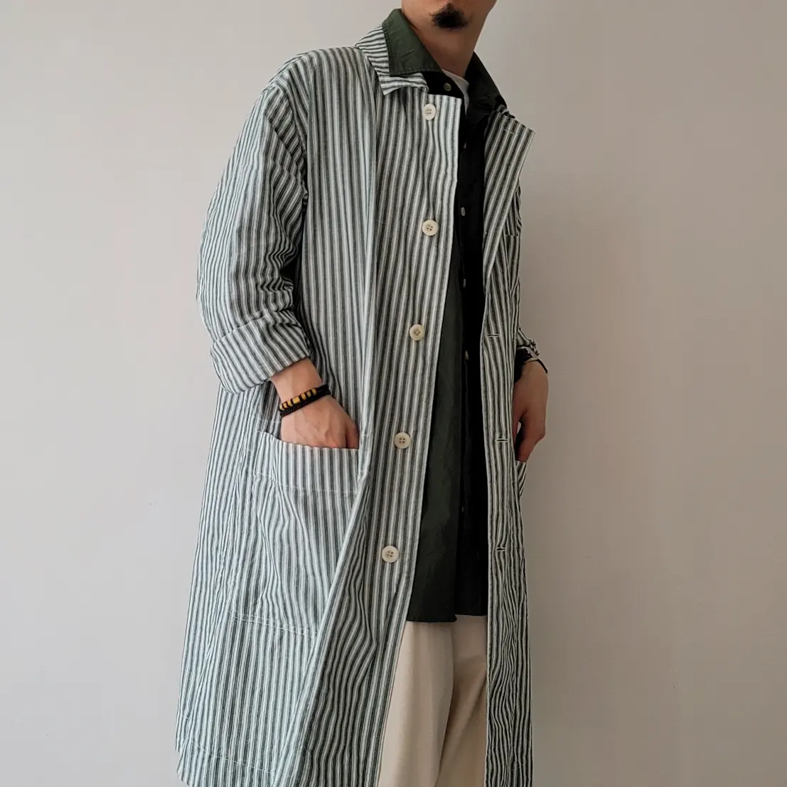 Alternate Stripe Cotton Linen Cloth Shirt Coat