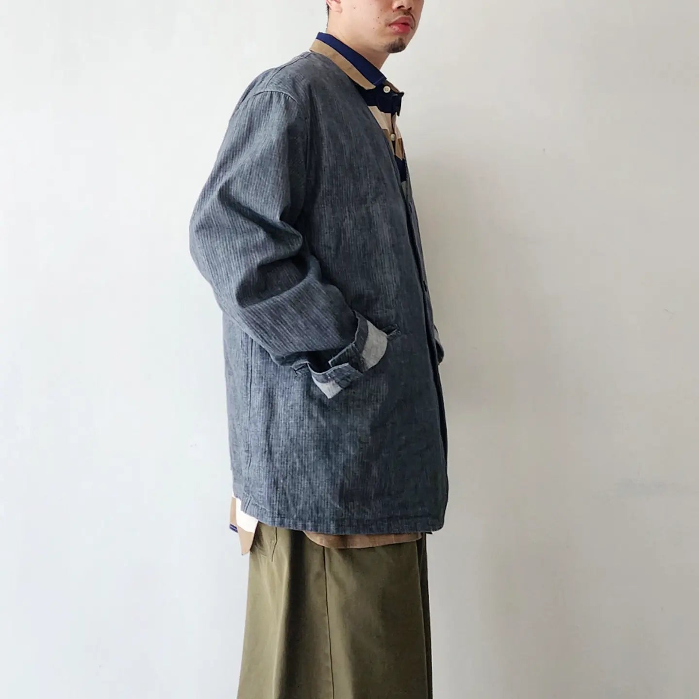 10.5oz. Cotton Herringbone Denim Cloth 3 Inside Pocket Collarless Jacket