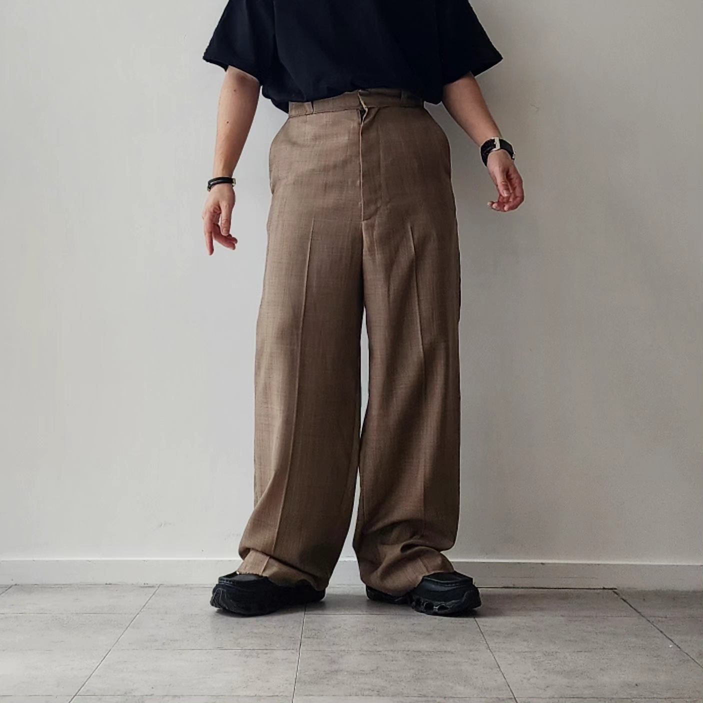 CODA / Brown Check Wool Extended Cut Tailored Wide Slack