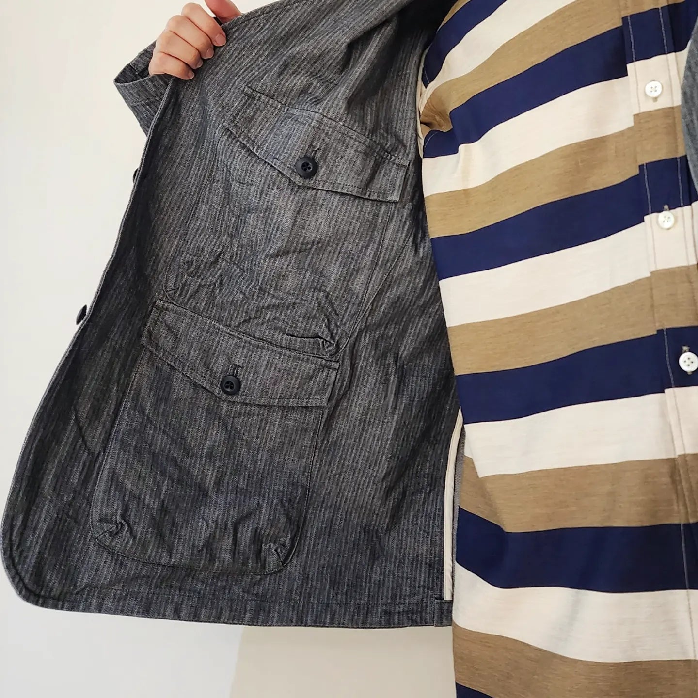 10.5oz. Cotton Herringbone Denim Cloth 3 Inside Pocket Collarless Jacket