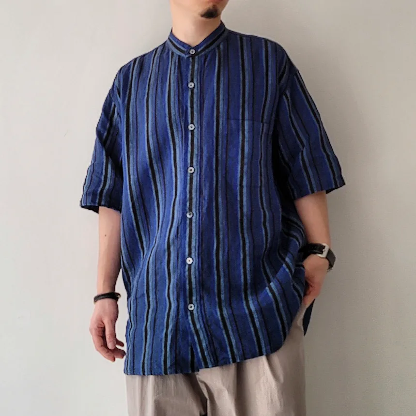 Baggy Fit Band Collar Short Sleeve Shirt
