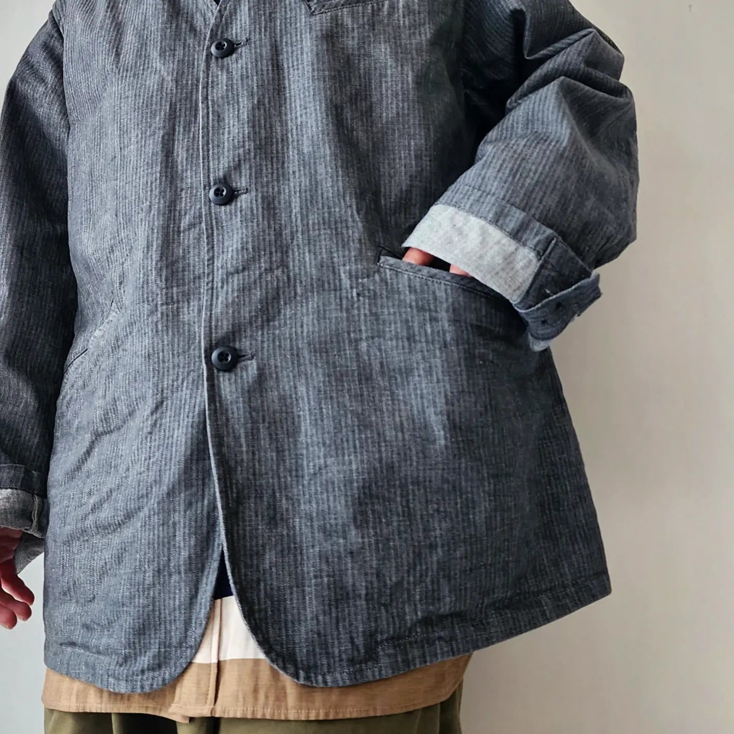 10.5oz. Cotton Herringbone Denim Cloth 3 Inside Pocket Collarless Jacket