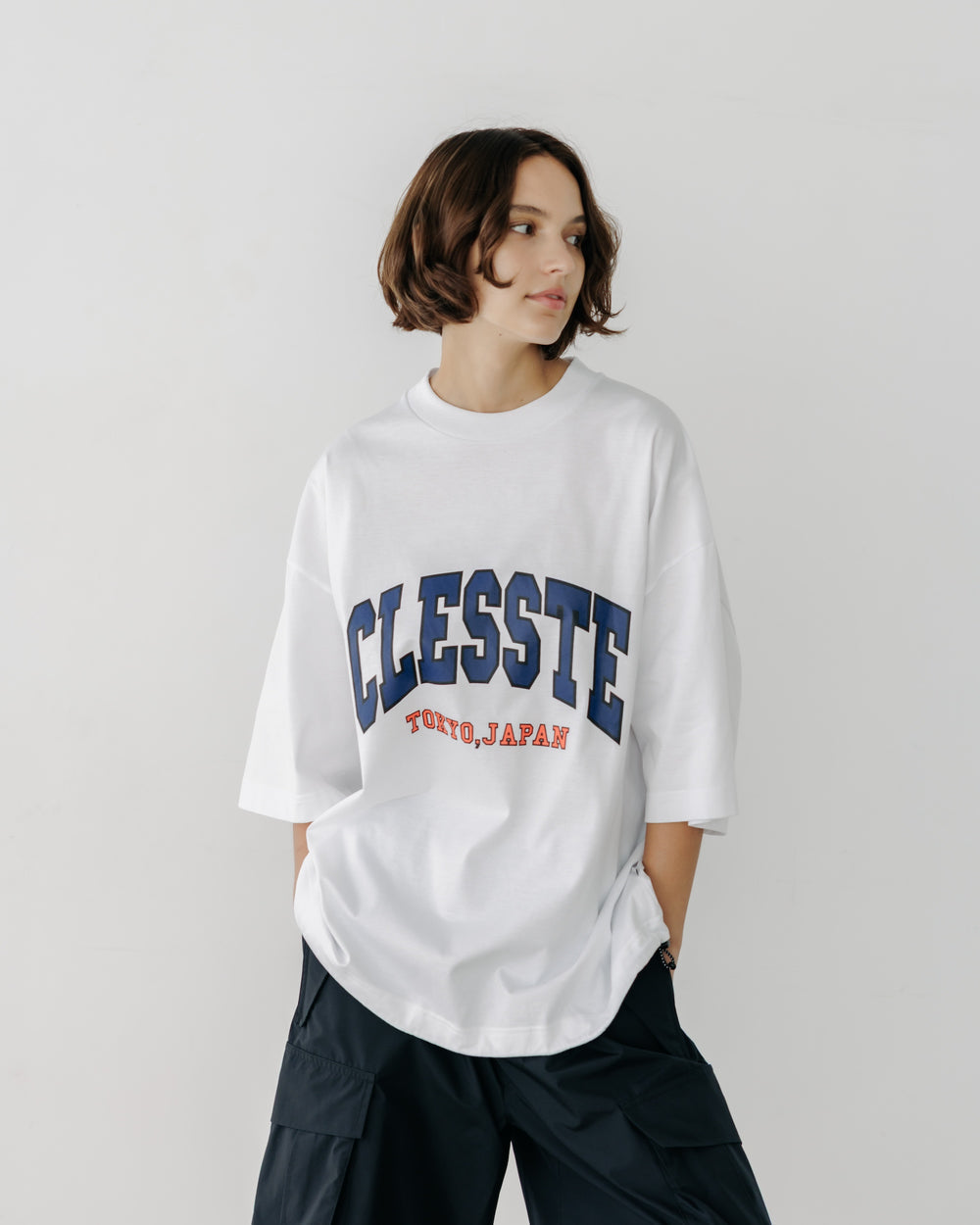 CLESSTE / College Logo Print Massive T-Shirt With Drawstrings (White)