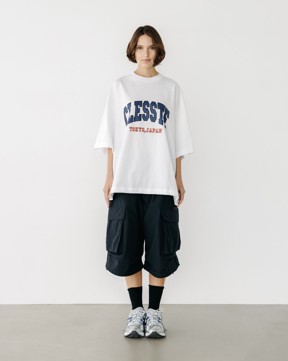CLESSTE / College Logo Print Massive T-Shirt With Drawstrings (White)