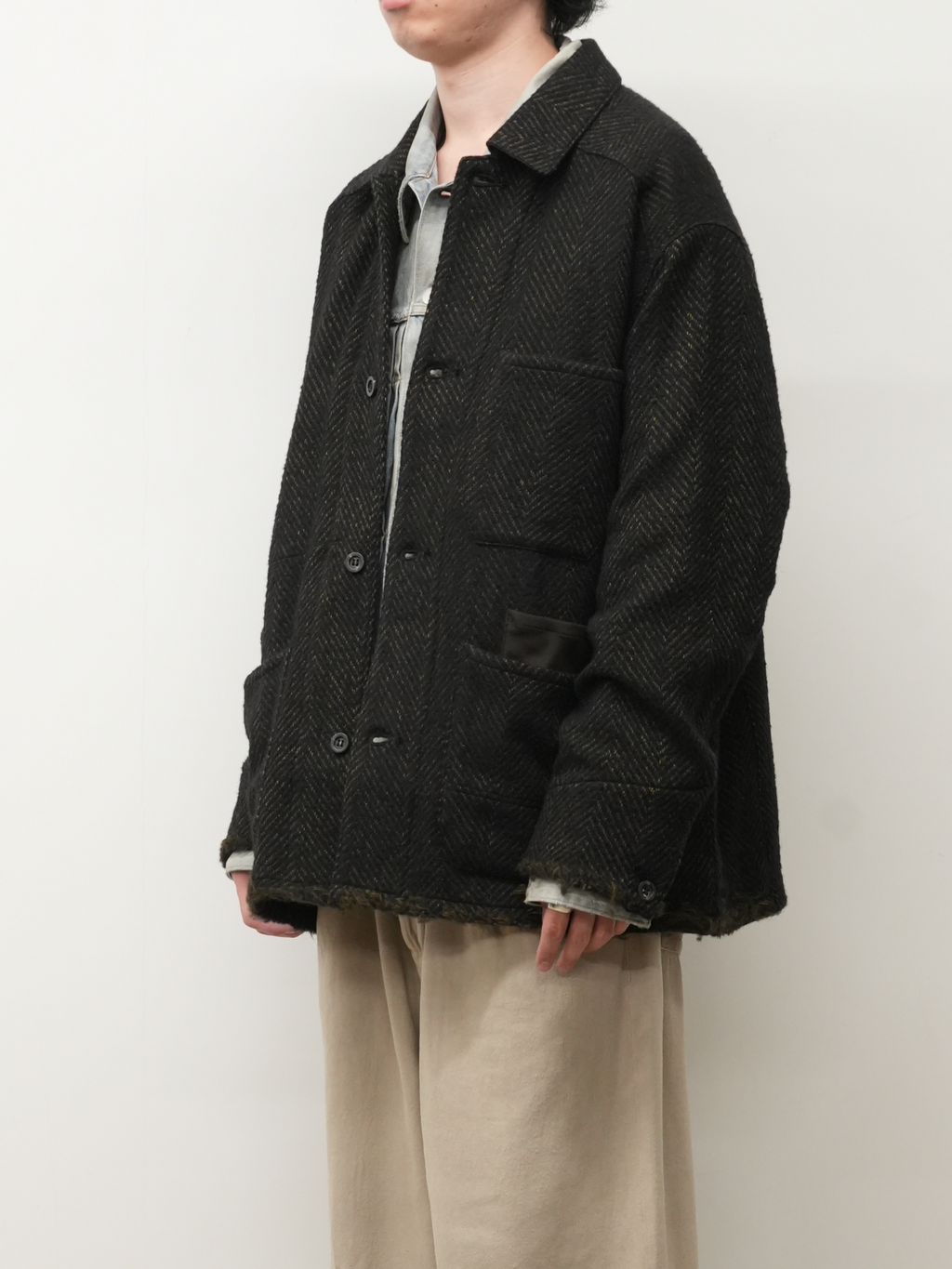 ANCELLM / Damage Wool Herringbone Coverall (Brown x Black)