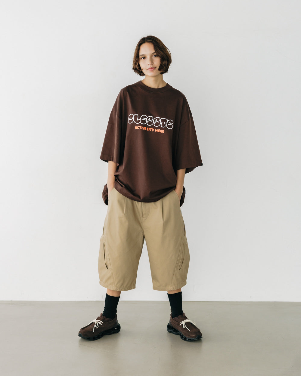 CLESSTE / Bubble Logo Print Massive T-Shirt With Drawstrings (Brown)