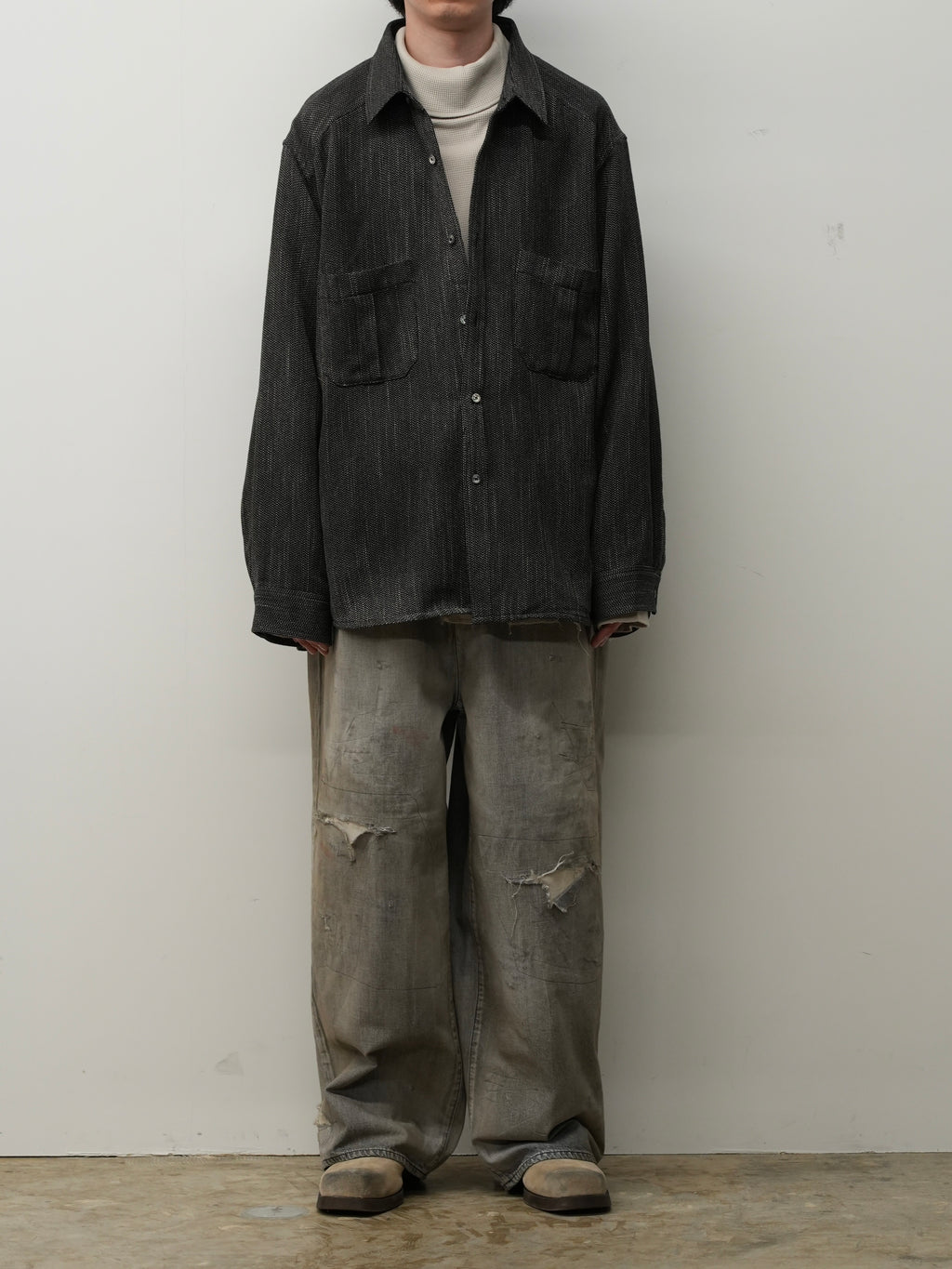 ANCELLM / Melange Wool Over Work Shirt (Black)