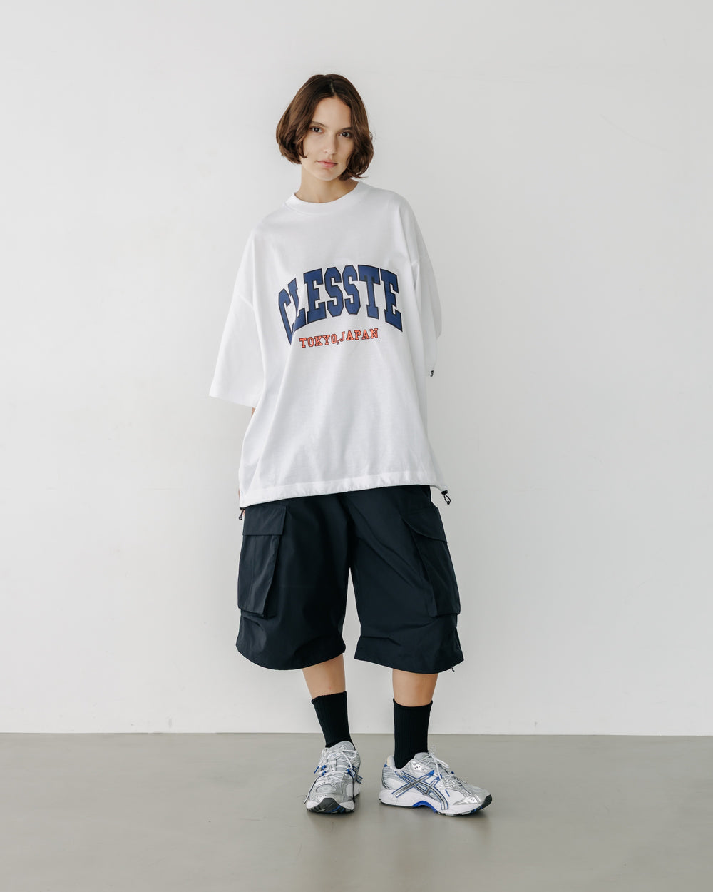 CLESSTE / College Logo Print Massive T-Shirt With Drawstrings (White)