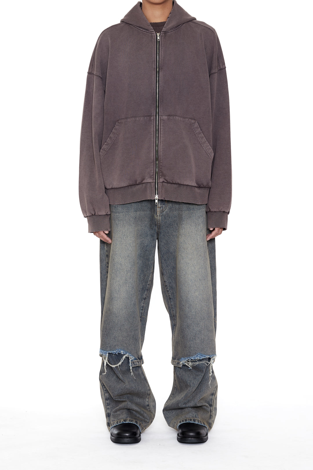 CODA / Brown Washed Distressed Zip Up Hoodie
