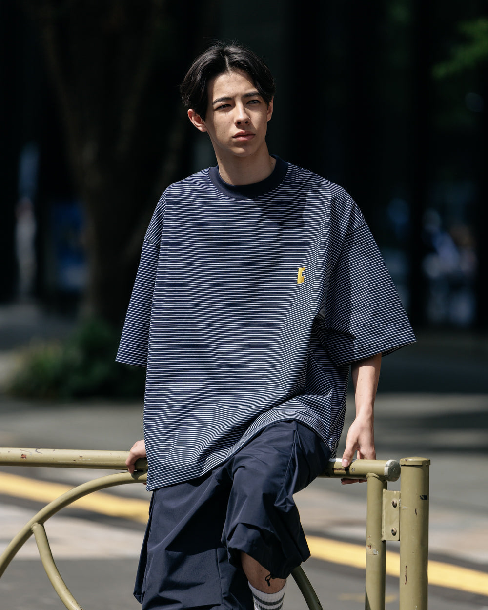 CLESSTE / 'C' Striped Massive T-Shirt With Drawstrings (Navy x White)
