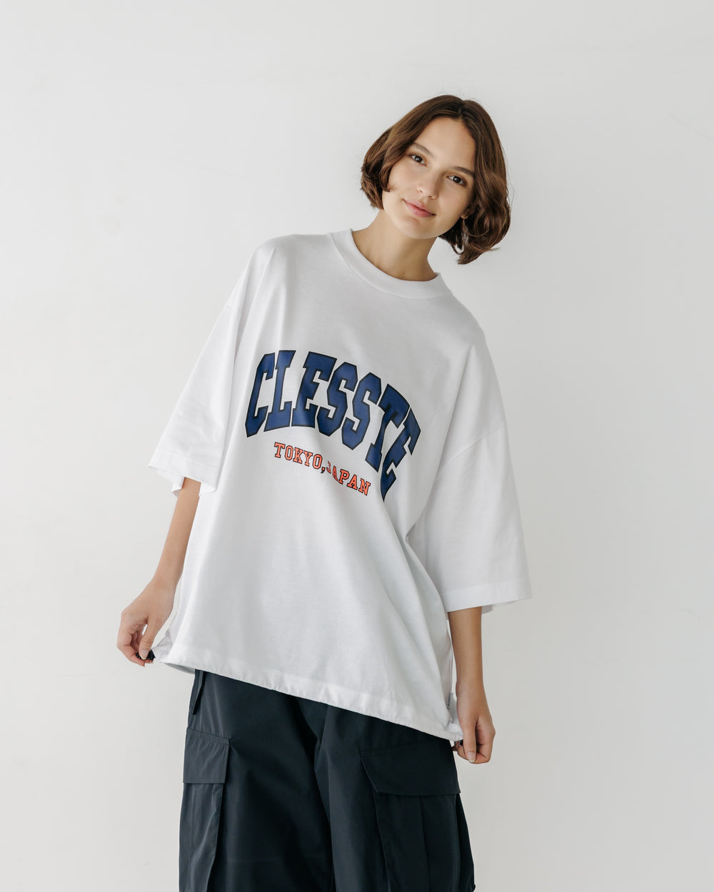 CLESSTE / College Logo Print Massive T-Shirt With Drawstrings (White)