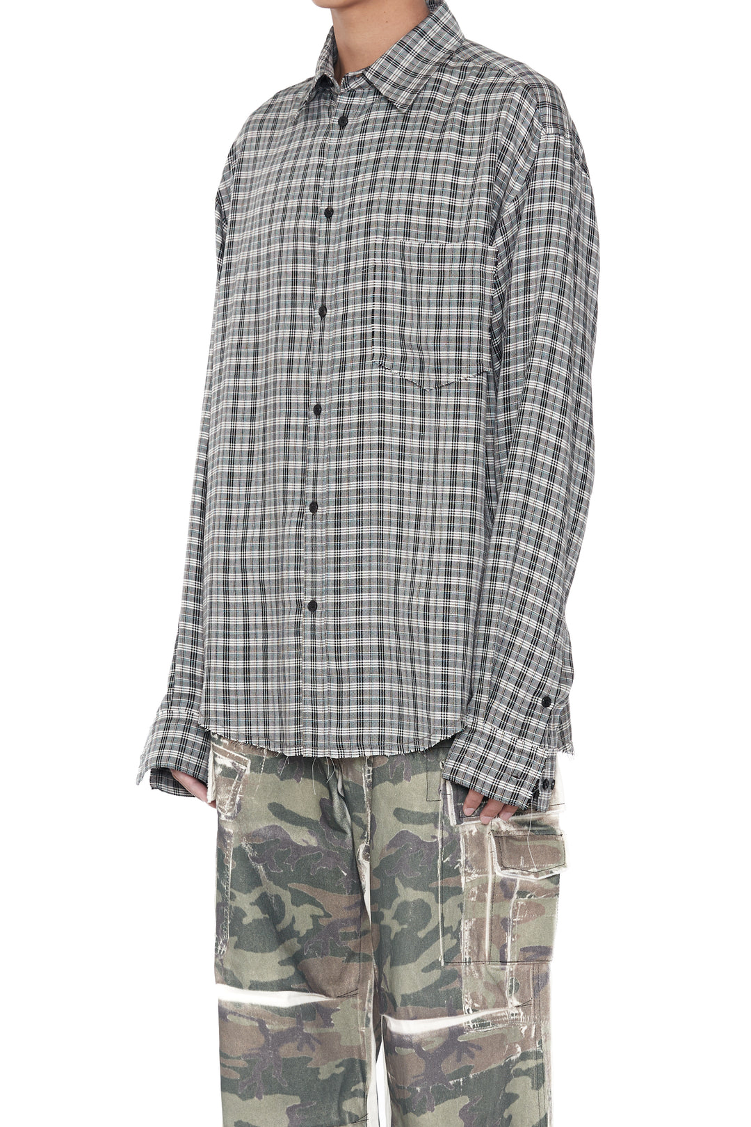CODA / Grey Check Viscose Raw Edges Shift Shirt