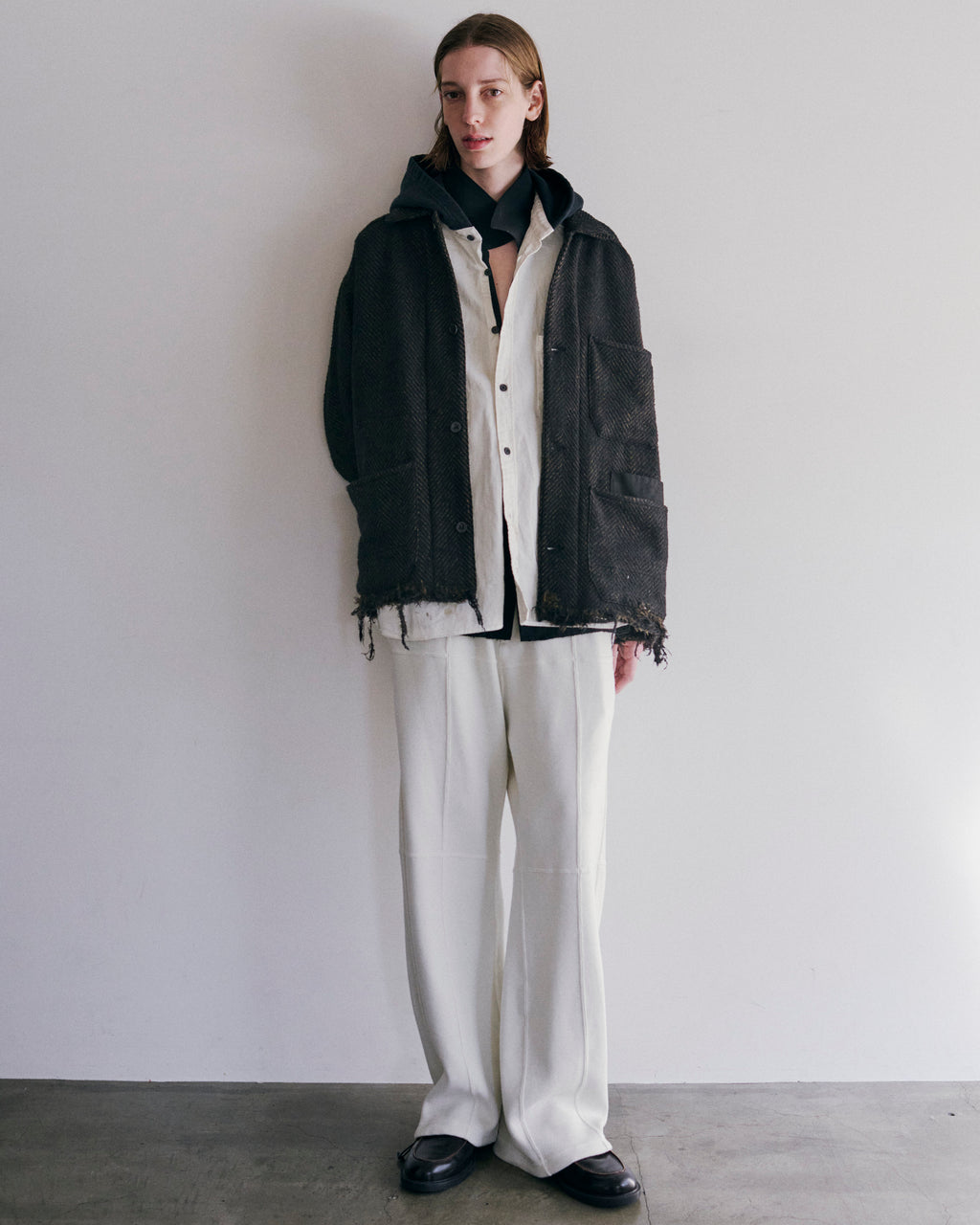ANCELLM / Damage Wool Herringbone Coverall (Brown x Black)