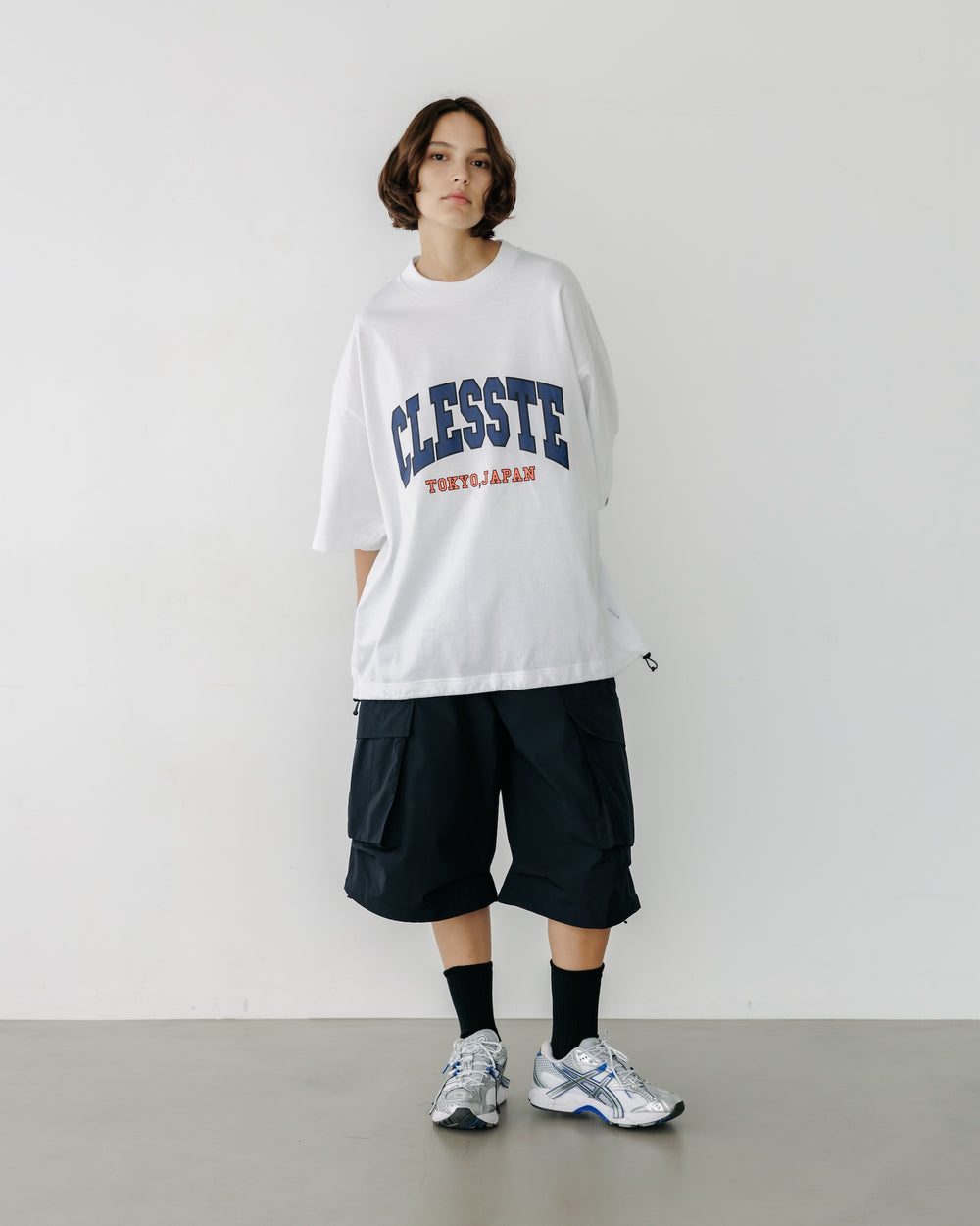 CLESSTE / College Logo Print Massive T-Shirt With Drawstrings (White)
