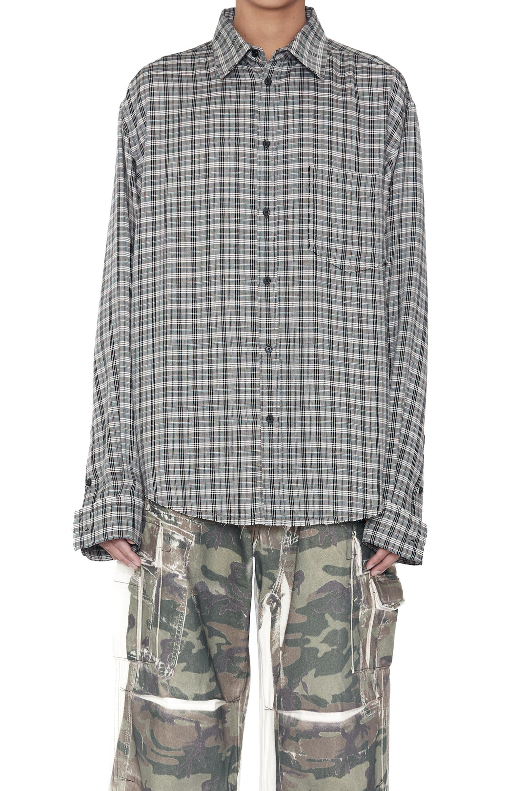 CODA / Grey Check Viscose Raw Edges Shift Shirt
