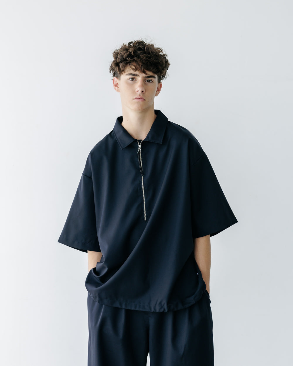 CLESSTE / Tropical Wool City S/S Half Zip Shirt (Navy)