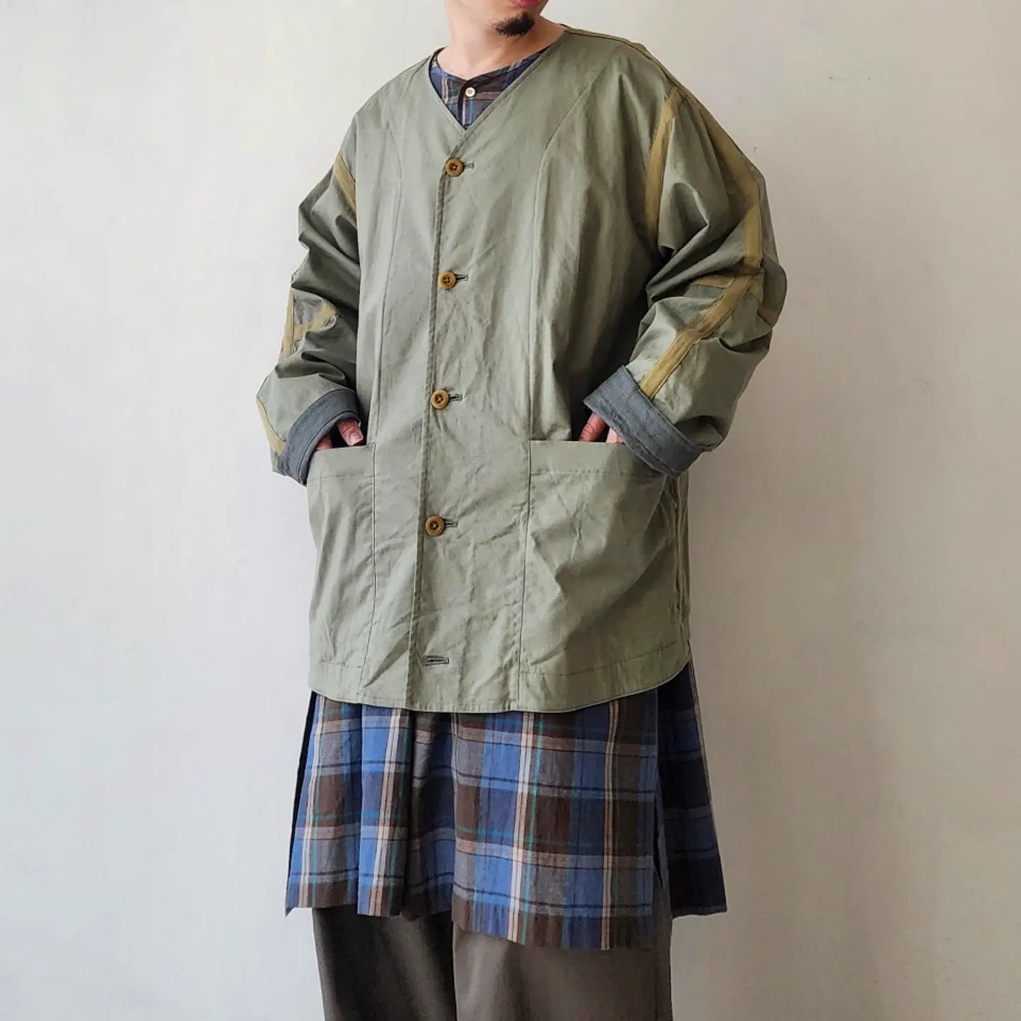 Linen*Cotton Stretch Cloth Reversible Seam Taping Collarless Jacket