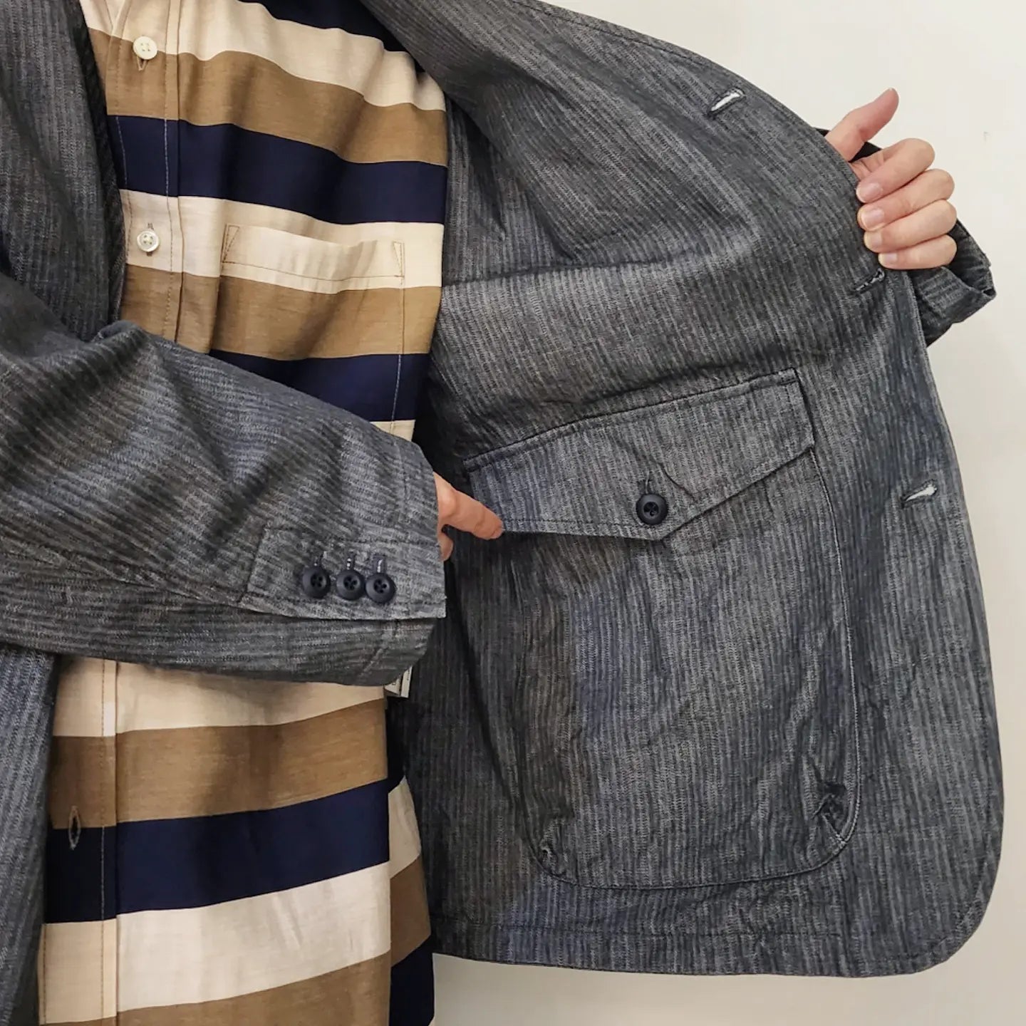 10.5oz. Cotton Herringbone Denim Cloth 3 Inside Pocket Collarless Jacket
