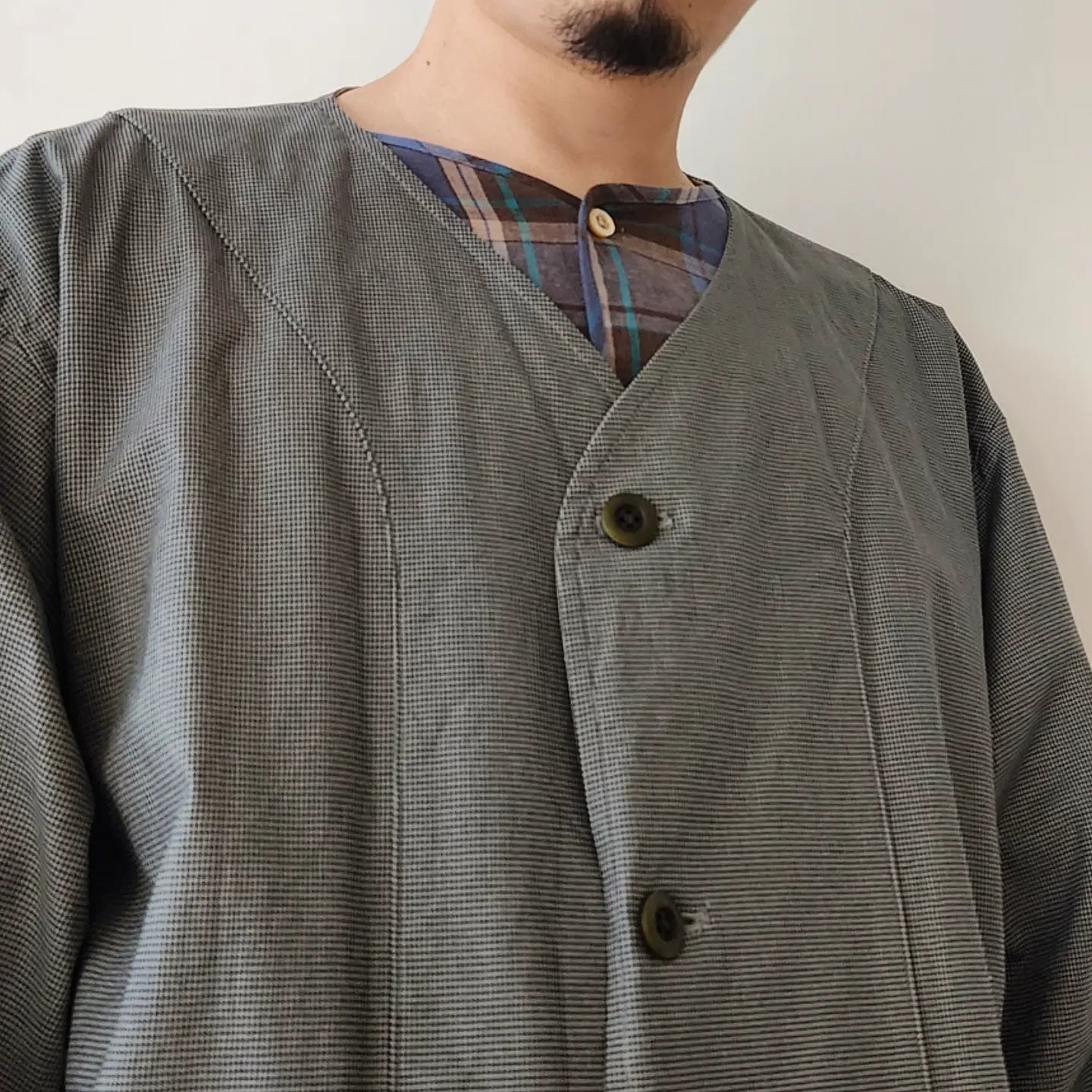 Linen*Cotton Stretch Cloth Reversible Seam Taping Collarless Jacket