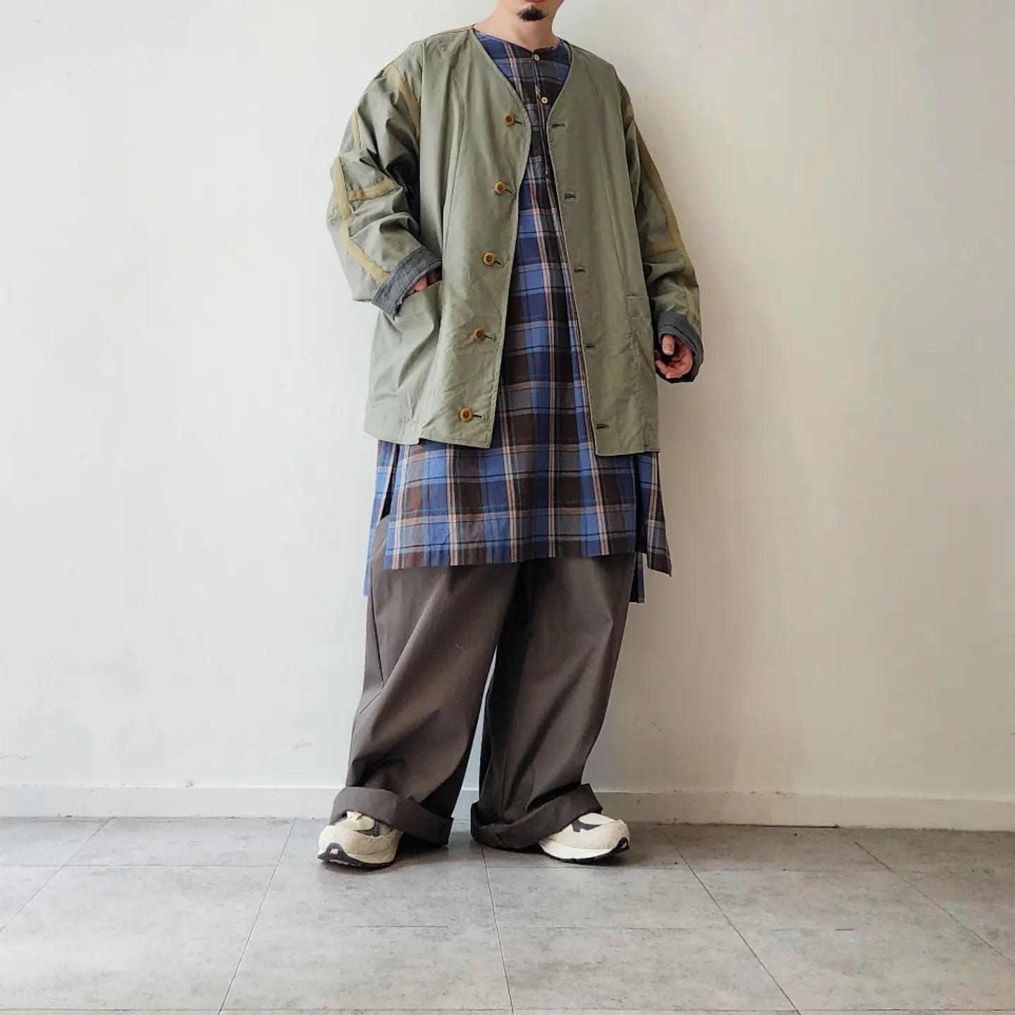 Linen*Cotton Stretch Cloth Reversible Seam Taping Collarless Jacket