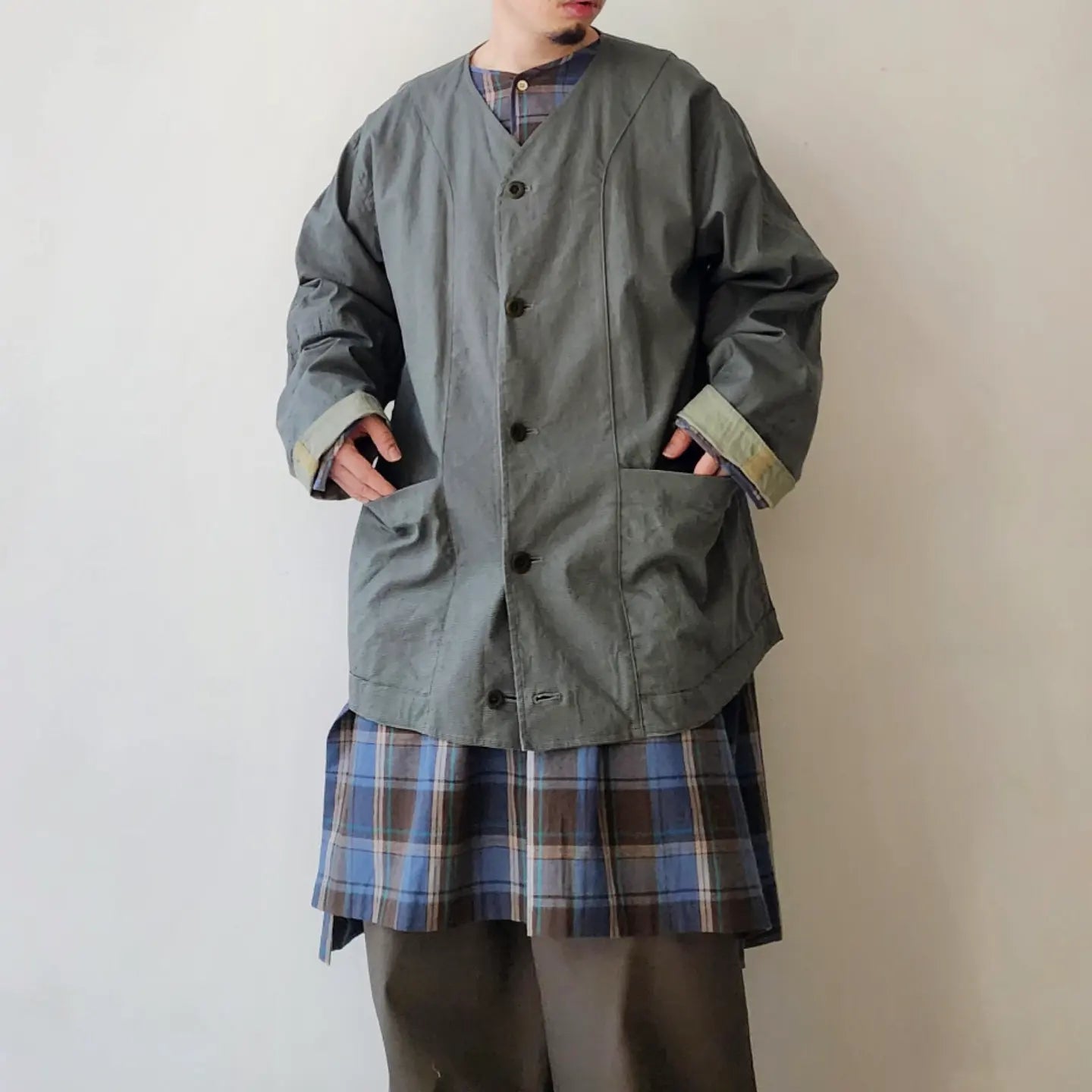 Linen*Cotton Stretch Cloth Reversible Seam Taping Collarless Jacket