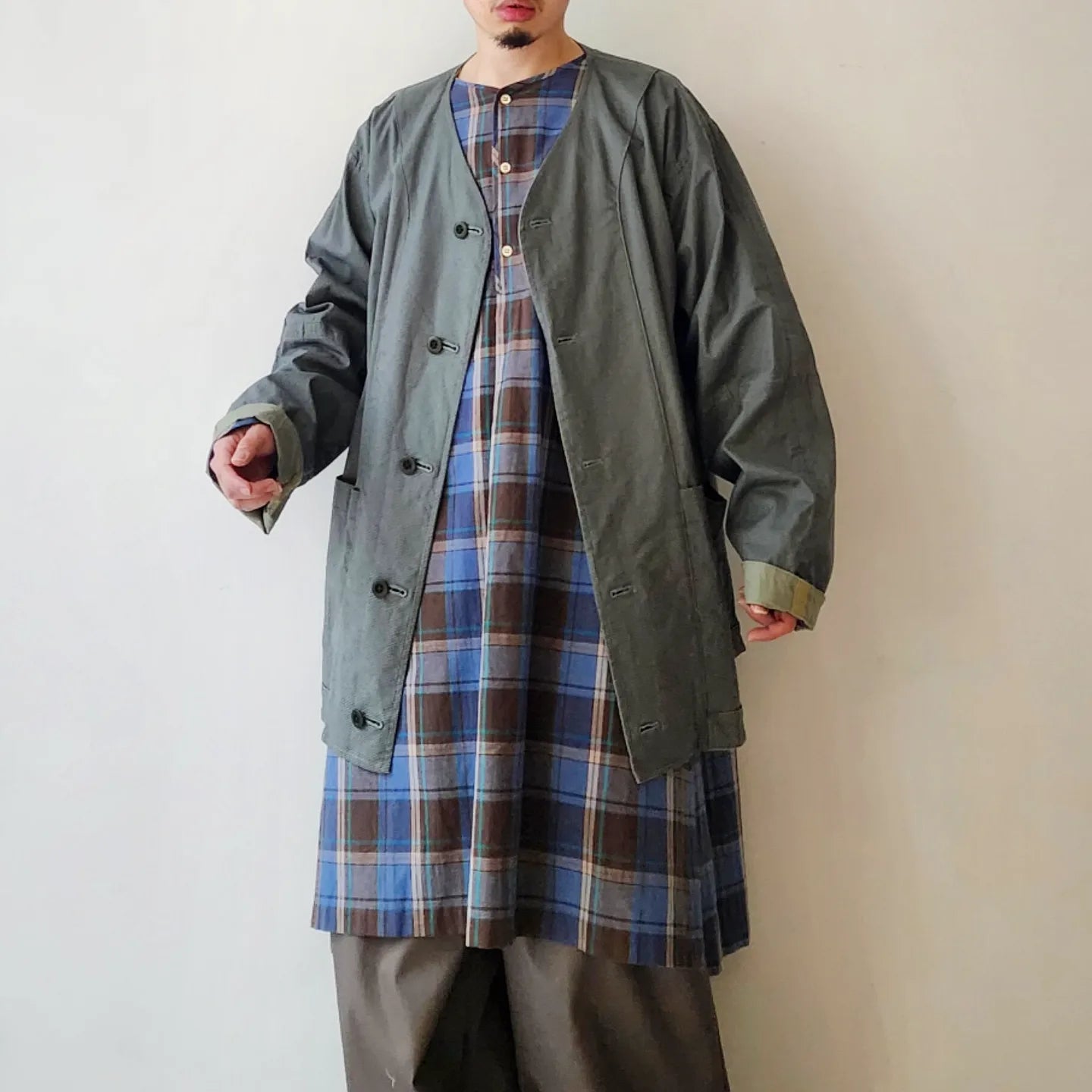 Linen*Cotton Stretch Cloth Reversible Seam Taping Collarless Jacket