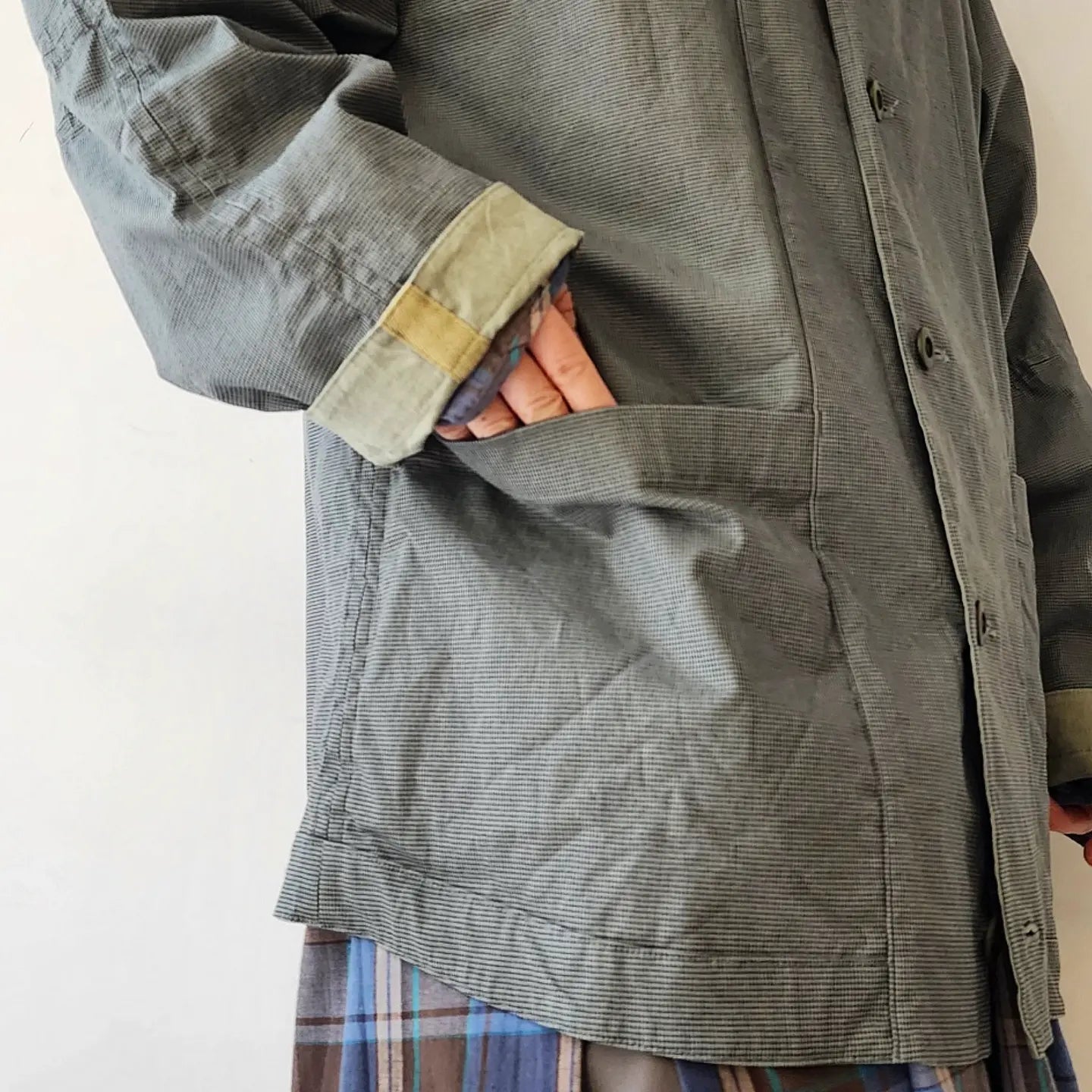Linen*Cotton Stretch Cloth Reversible Seam Taping Collarless Jacket