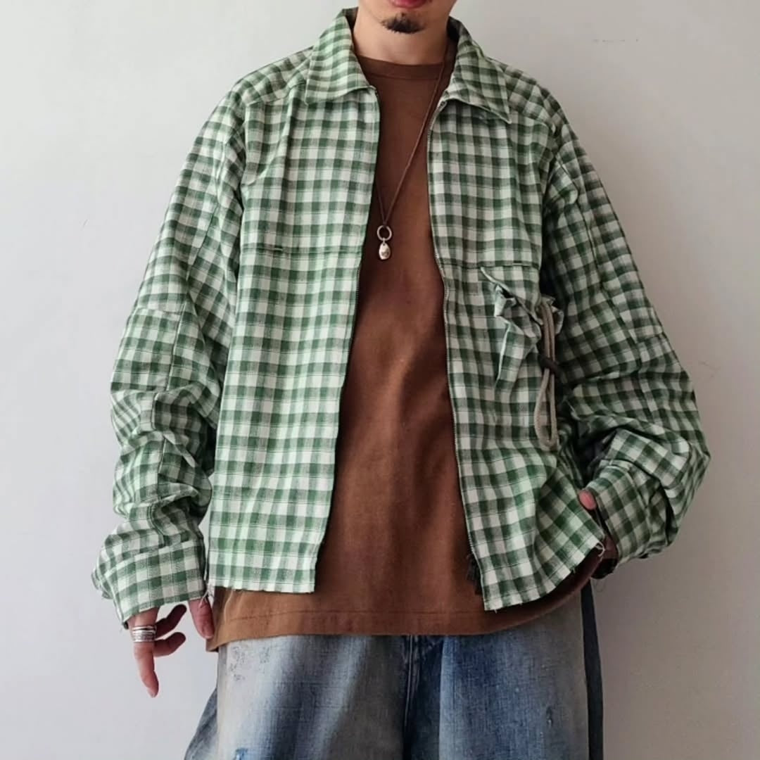 ANCELLM / C/R Check Short Zipup Shirt