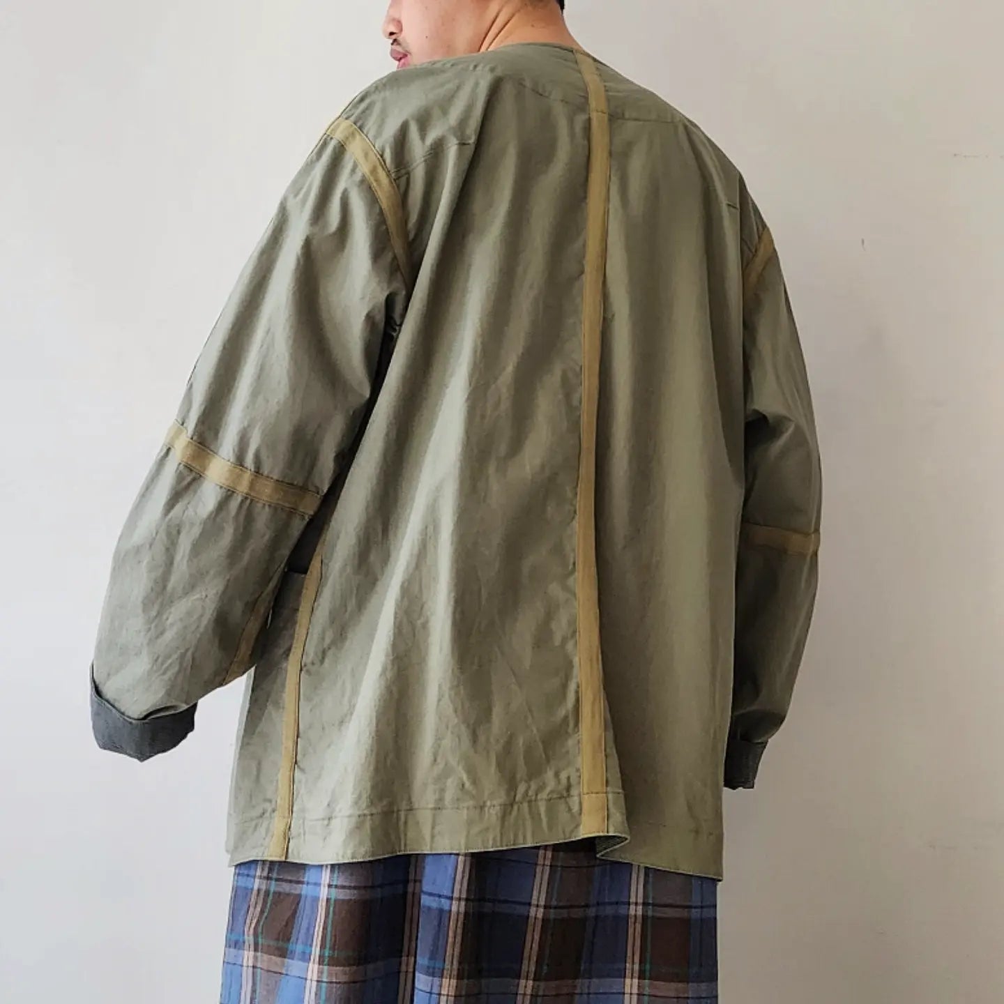 Linen*Cotton Stretch Cloth Reversible Seam Taping Collarless Jacket