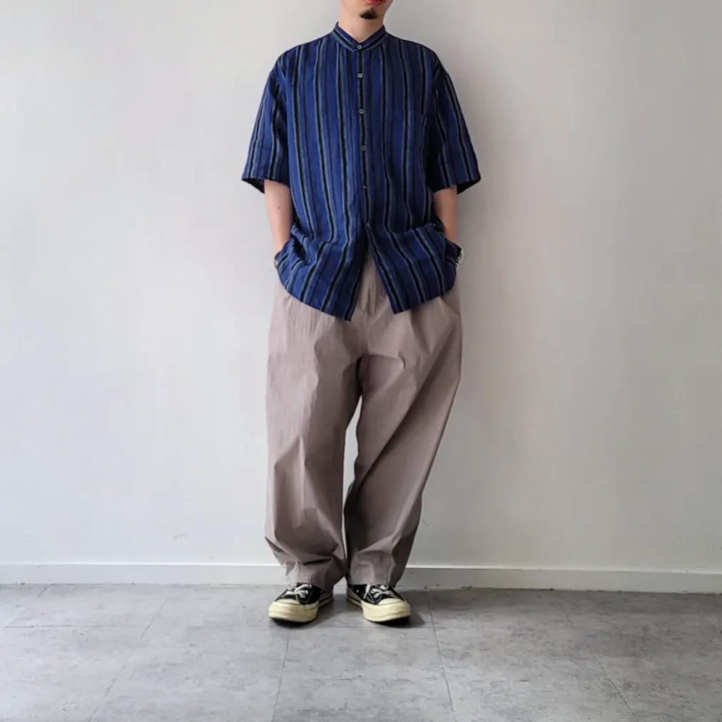 Baggy Fit Band Collar Short Sleeve Shirt