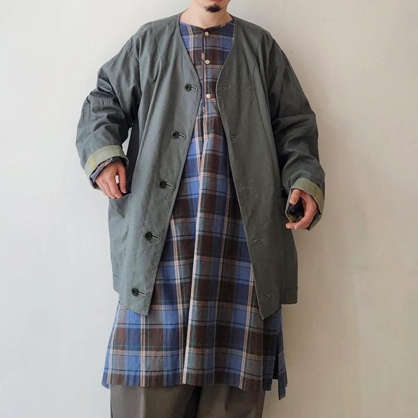 Linen*Cotton Stretch Cloth Reversible Seam Taping Collarless Jacket