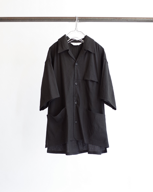 Linen Viscose Open Collar PK SS Shirt (Black)