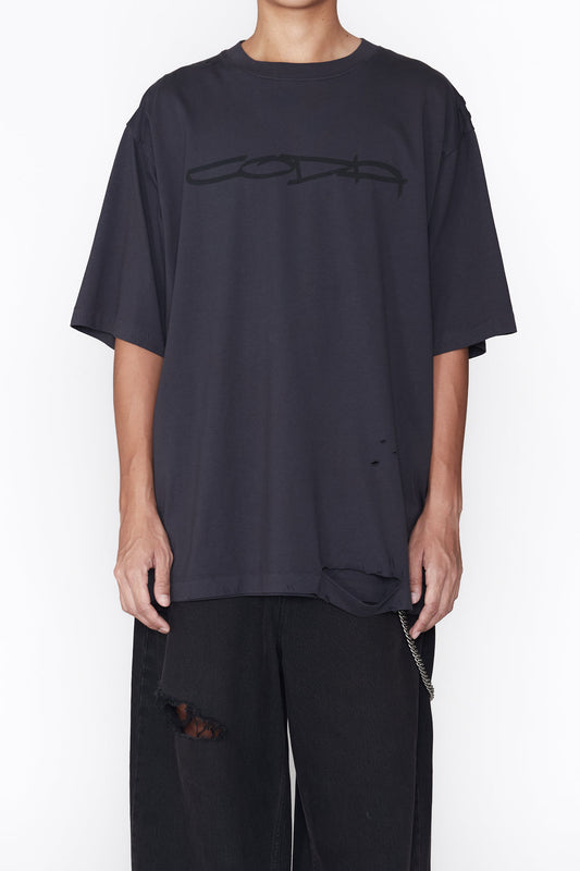 CODA / Blue Black Aging Graffiti Printed Destroyed Short Sleeve T-Shirt