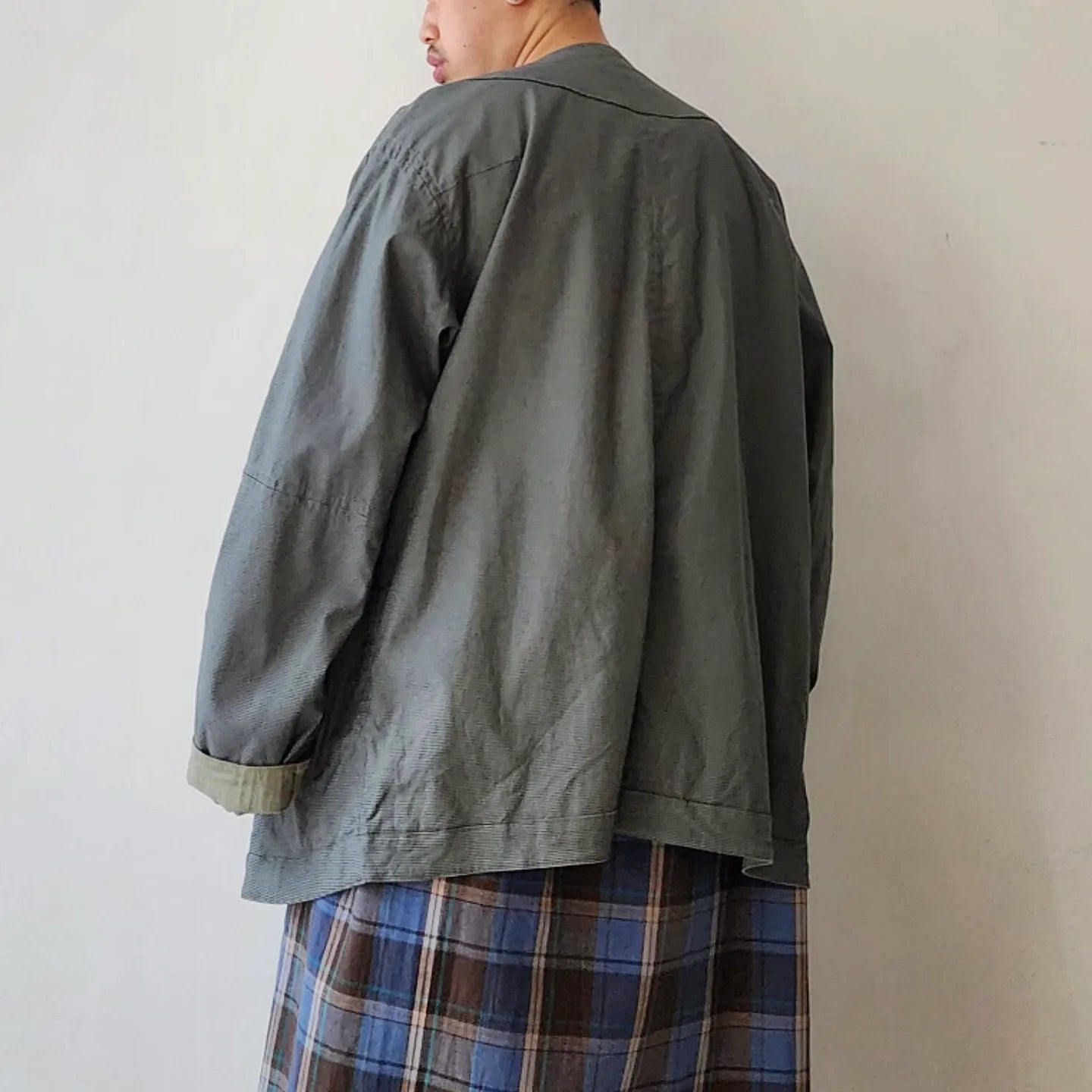 Linen*Cotton Stretch Cloth Reversible Seam Taping Collarless Jacket