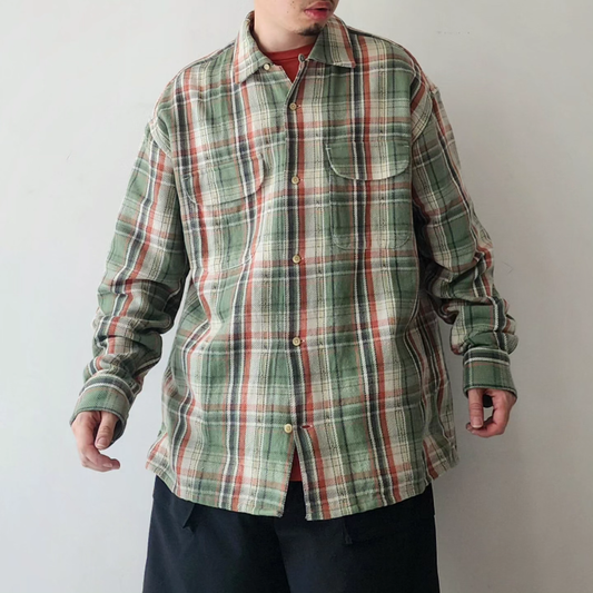 TS(S) / Pale Tone Big Plaid Cloth Round Flap Pocket Baggy Shirt