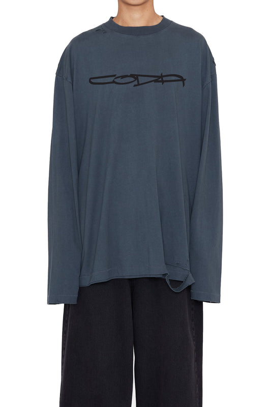 CODA / Ash Grey Aging Graffiti Printed Double Layered Destroyed T-Shirt
